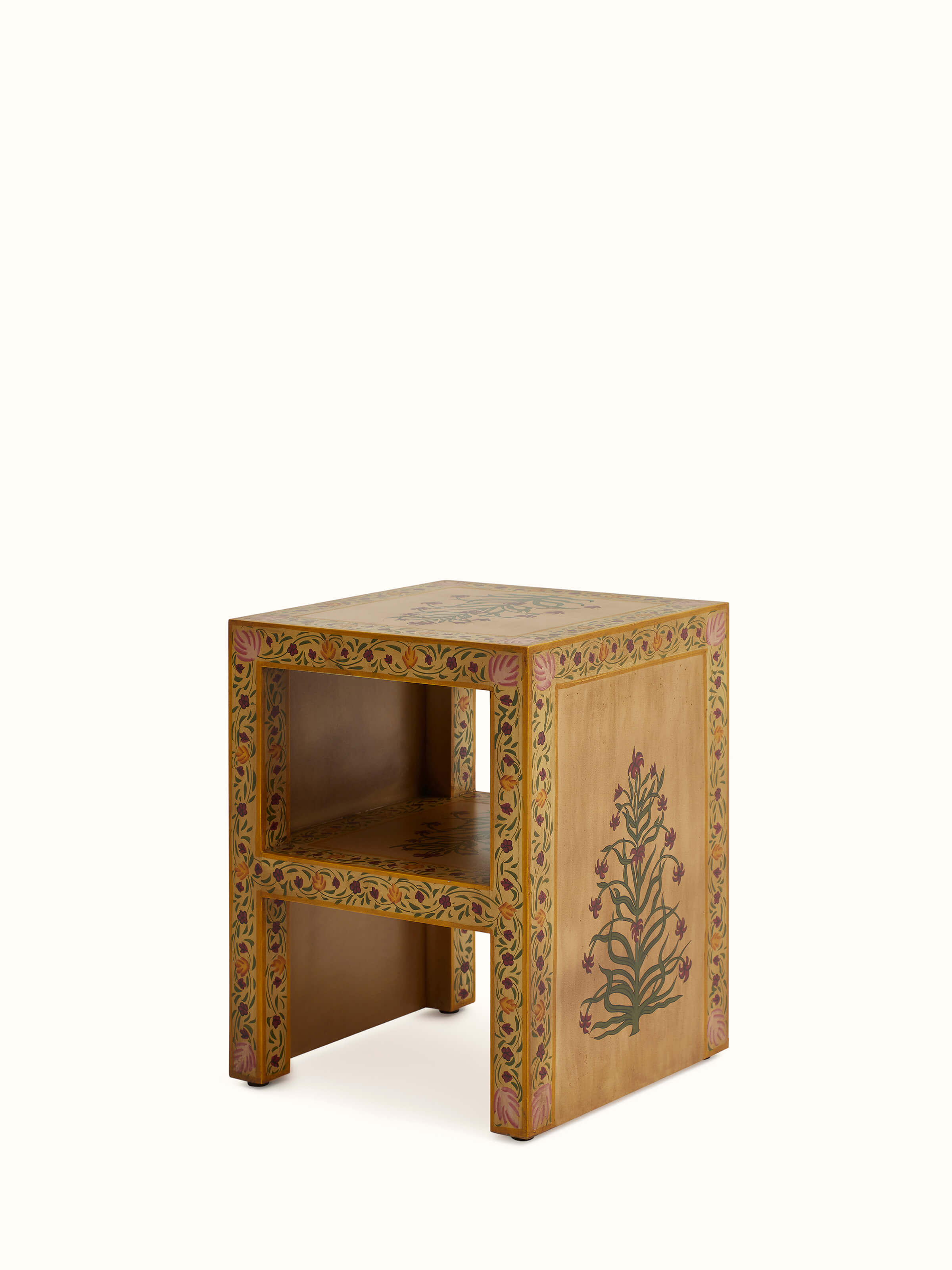 Angled view of miniature painted end table, emphasizing the detailed artwork and unique design.