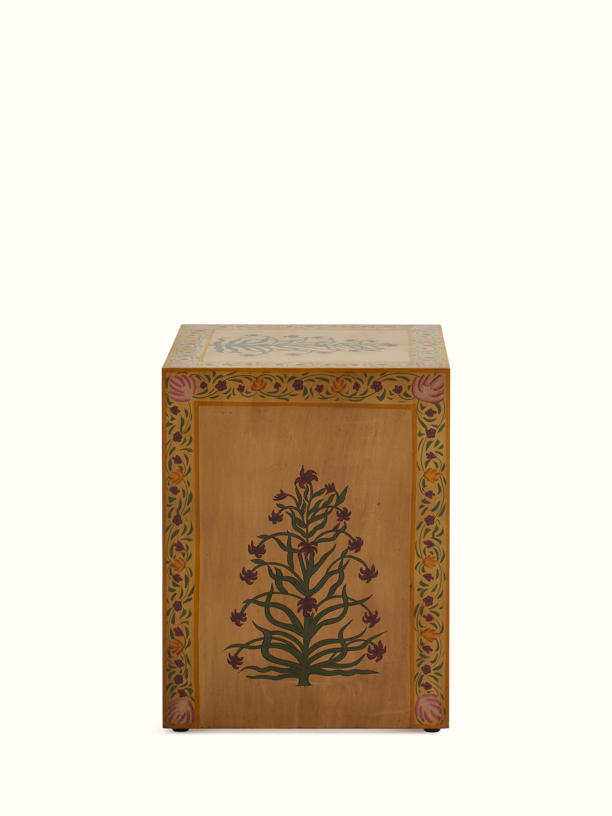 Bottom view of miniature painted end table, showcasing the sturdy construction and detailed paintwork.