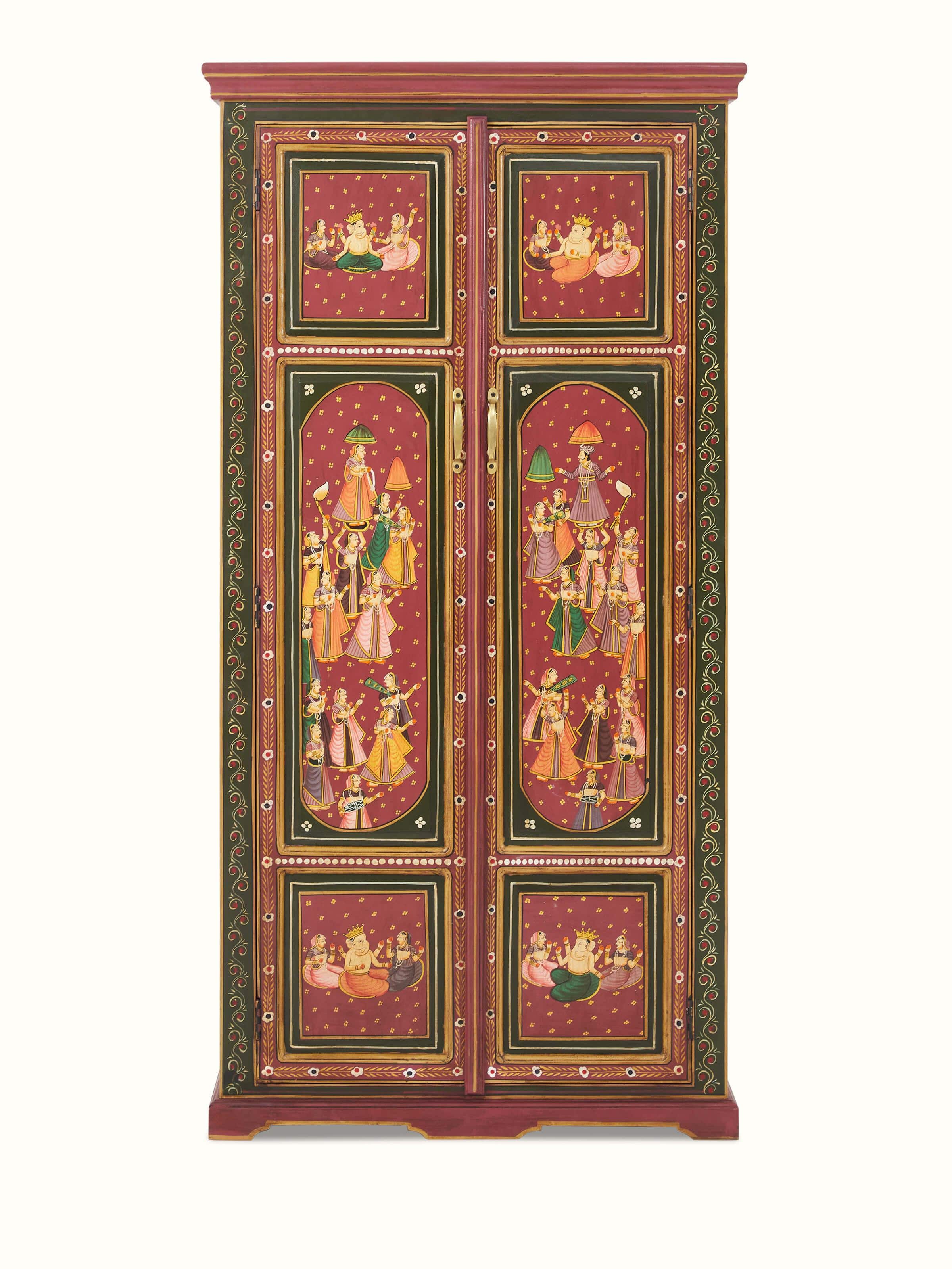 Front view of the miniature painted wardrobe, highlighting its colorful artwork and intricate design.