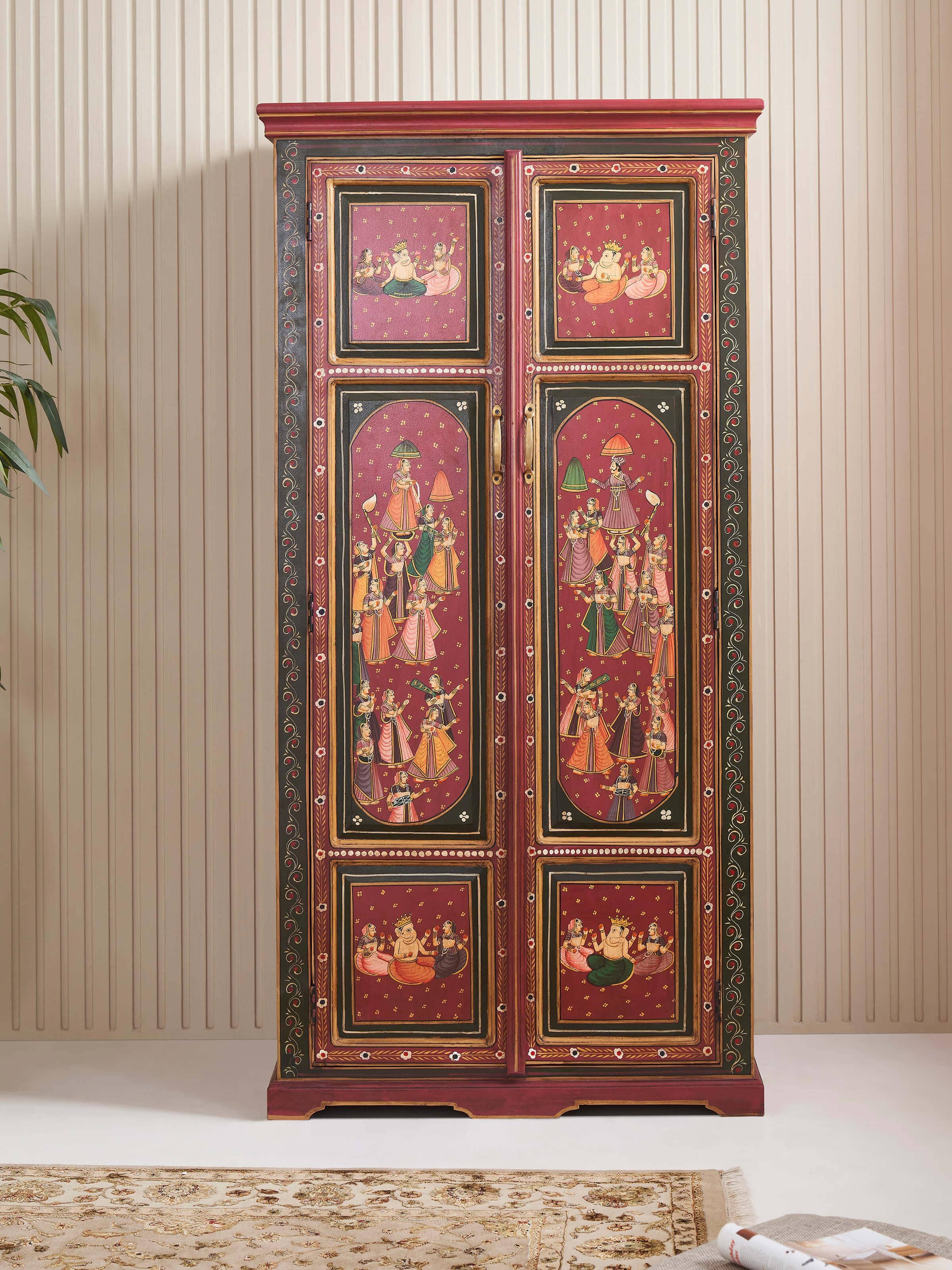 Side view of the miniature painted wardrobe, showcasing the detailed painting and craftsmanship.