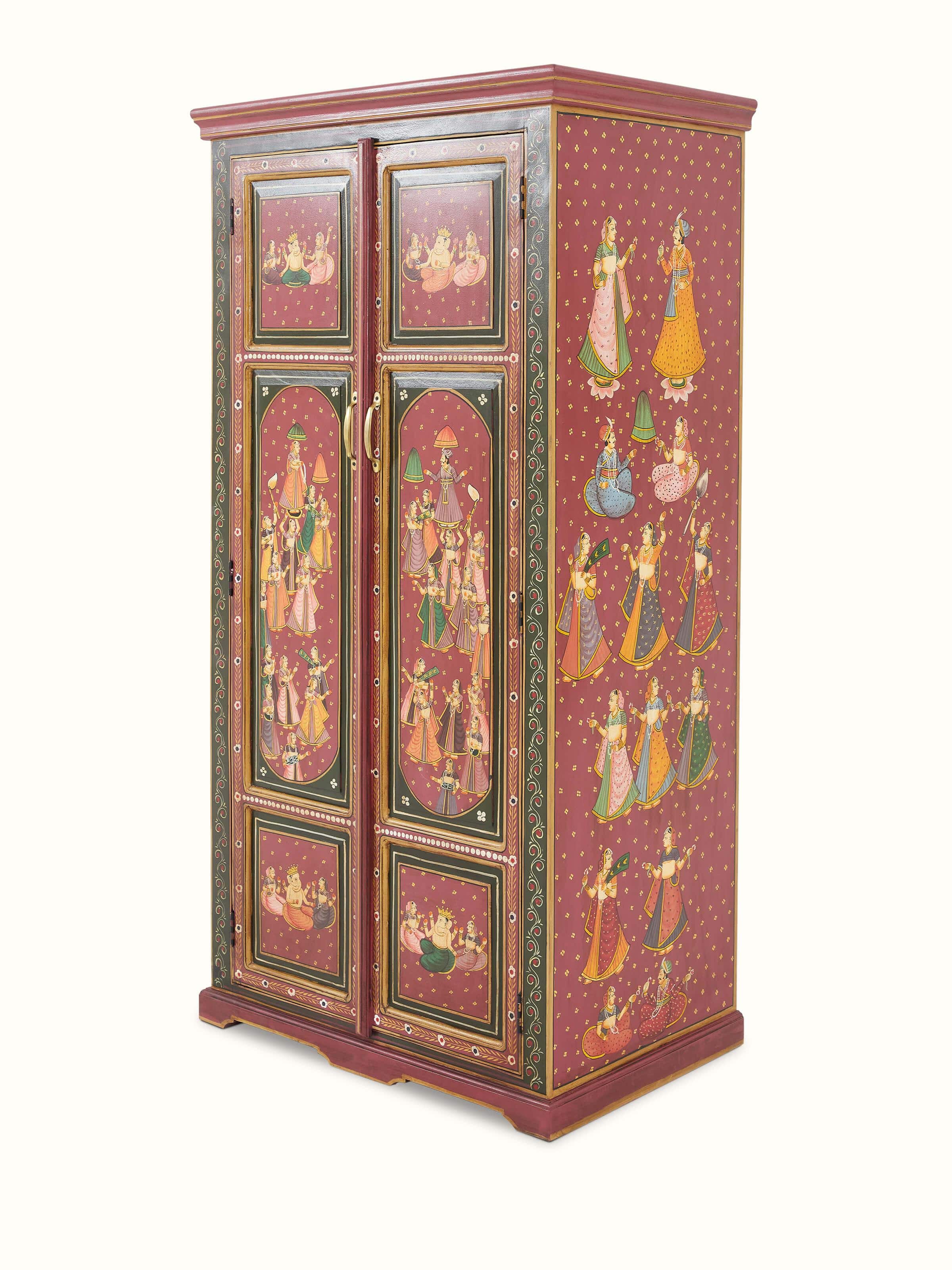 Close-up view of the painted details on the miniature wardrobe, emphasizing the fine artwork.