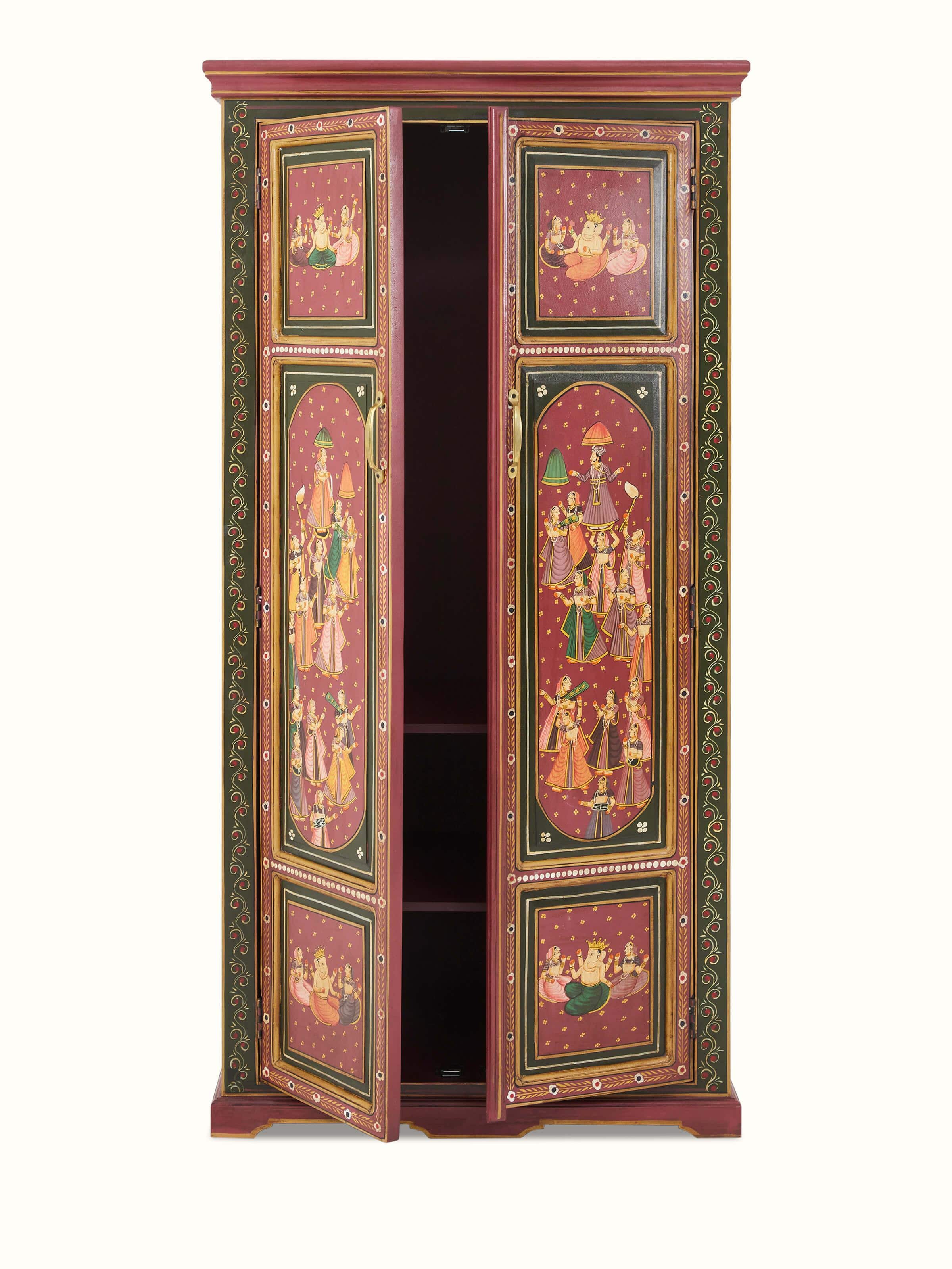 Perspective view of the miniature painted wardrobe, highlighting the overall design and colors.