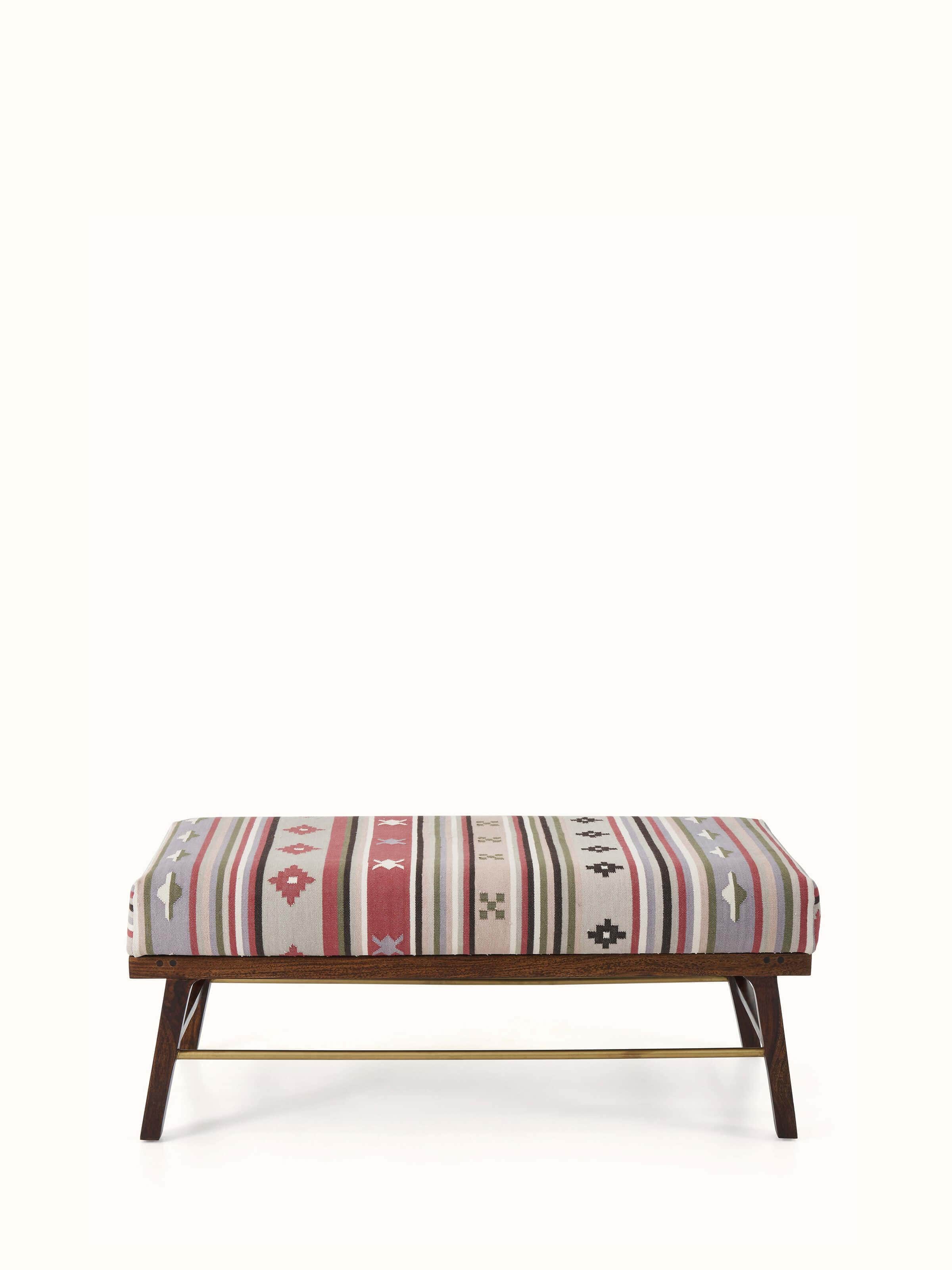 Front view of the Panja Dhurrie upholstered Sheesham wood bench, highlighting the traditional fabric and wood finish