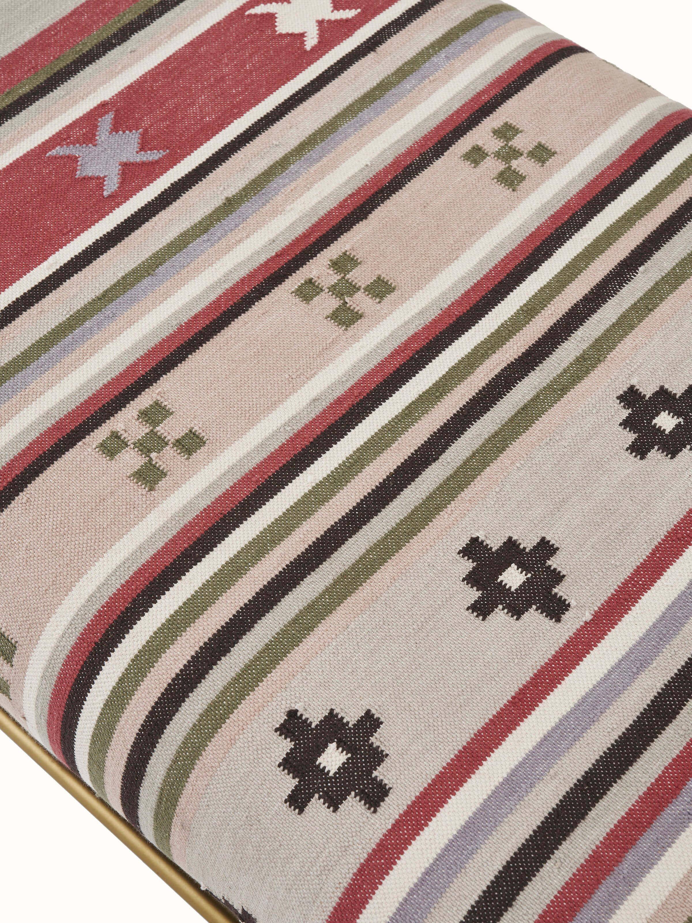 Rear view of the Panja Dhurrie upholstered Sheesham wood bench, showing the structural design and finish