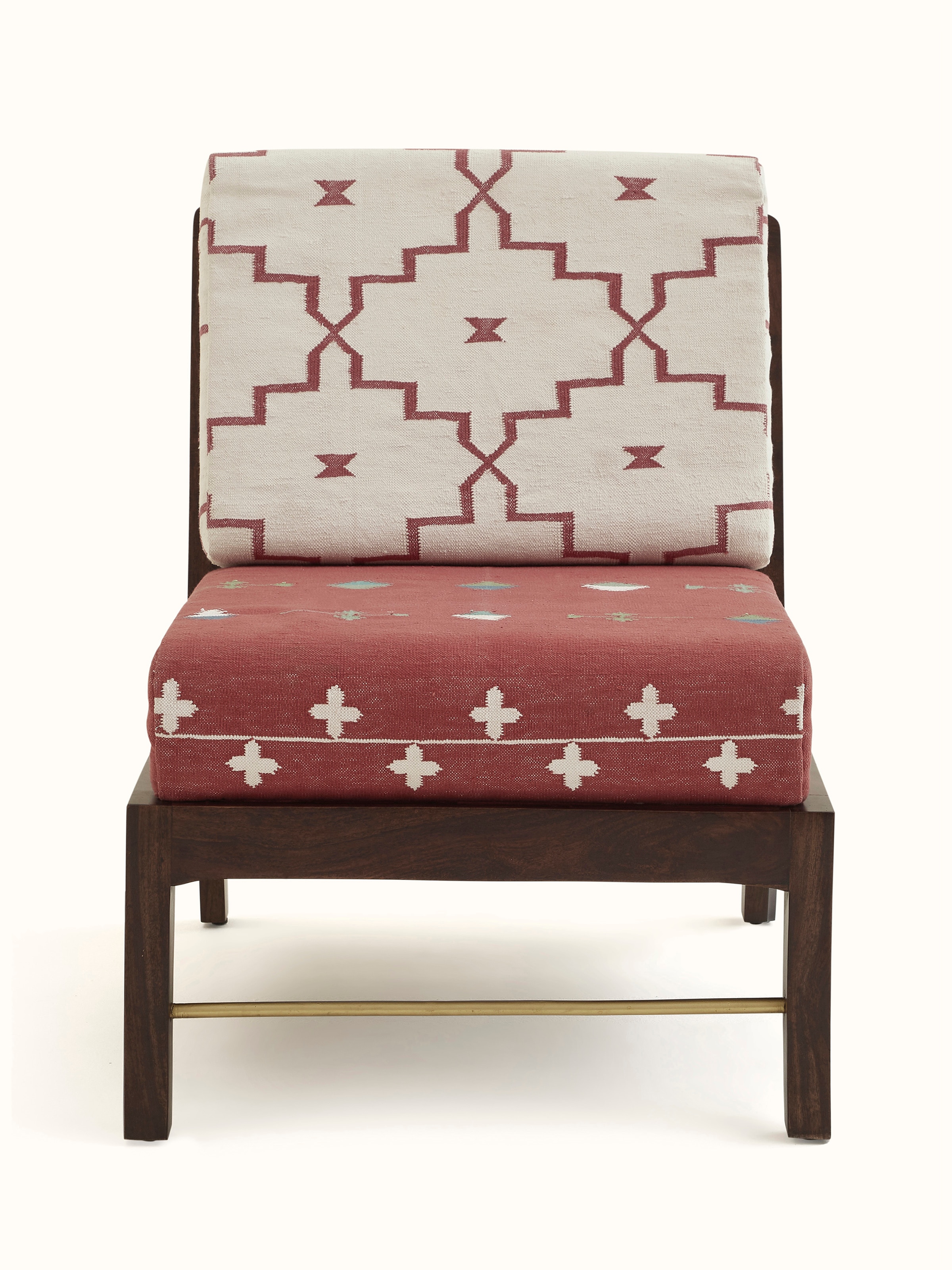 Front view of Panja Dhurrie Upholstered Sheesham Wood Lounge Chair, showcasing its traditional design and comfortable upholstery.