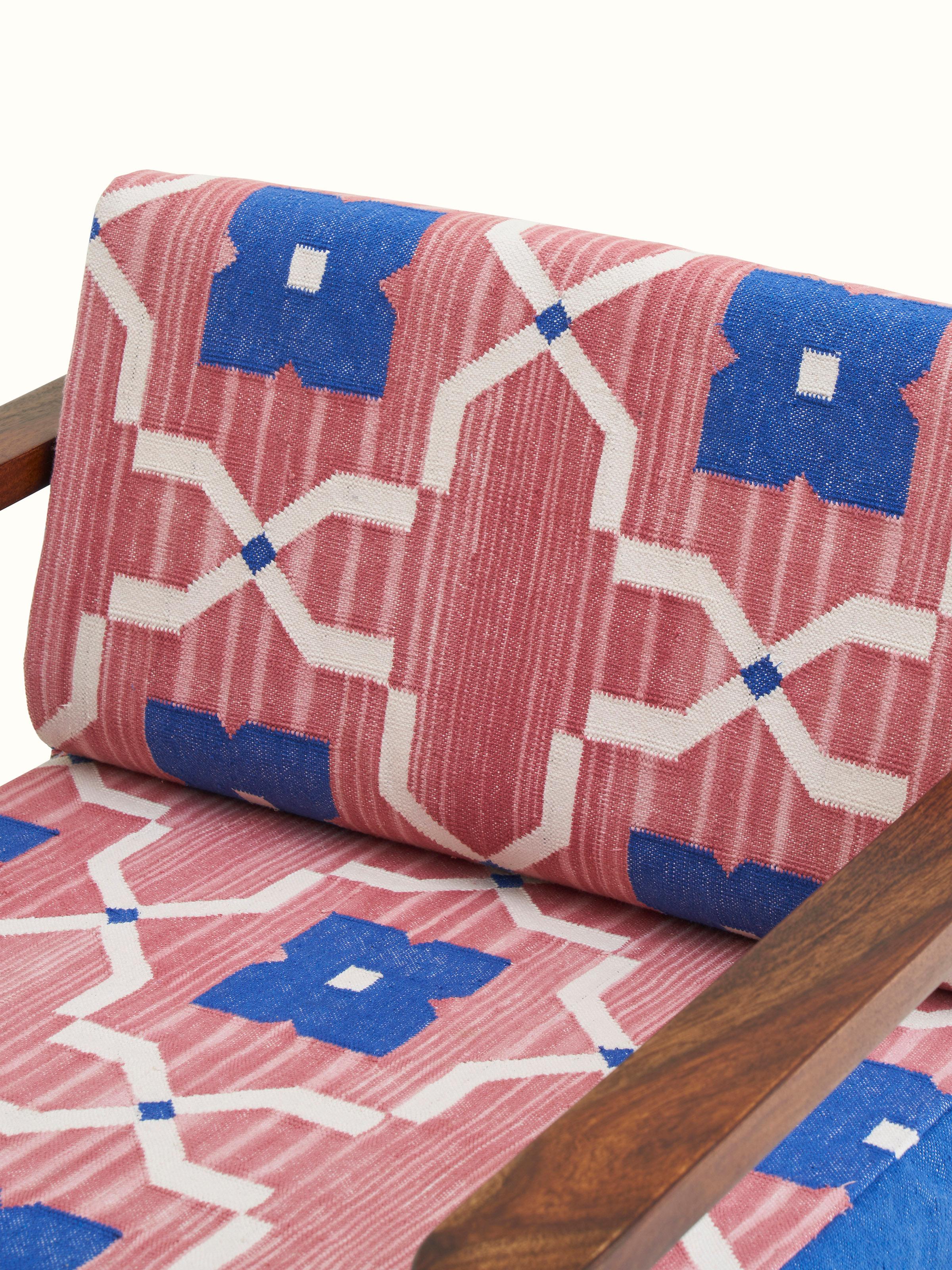 Detailed shot of Panja Dhurrie Upholstered Sheesham Wood Lounge Chair with Arm focusing on armrest design
