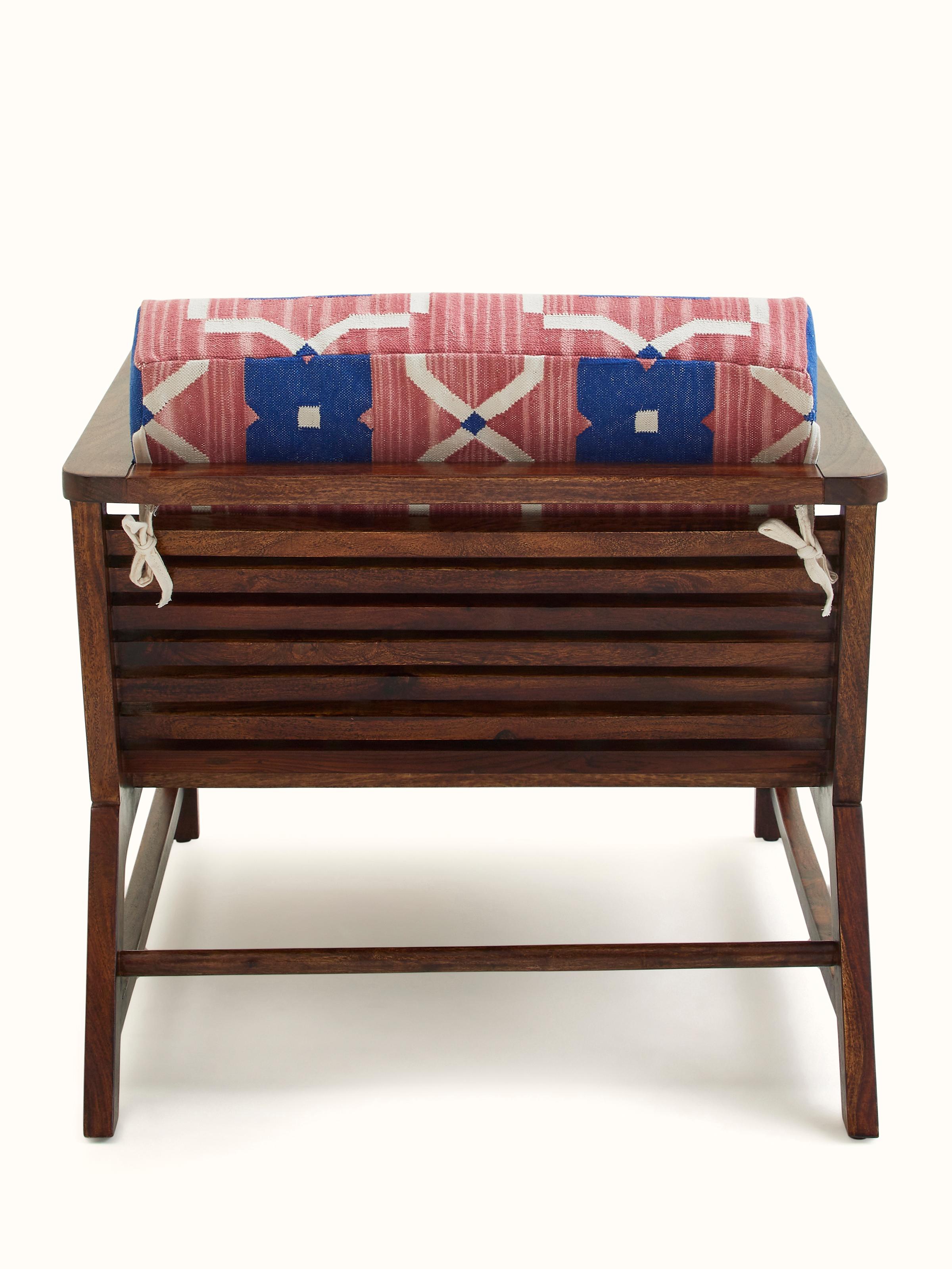 Back view of Panja Dhurrie Upholstered Sheesham Wood Lounge Chair with Arm showcasing overall structure