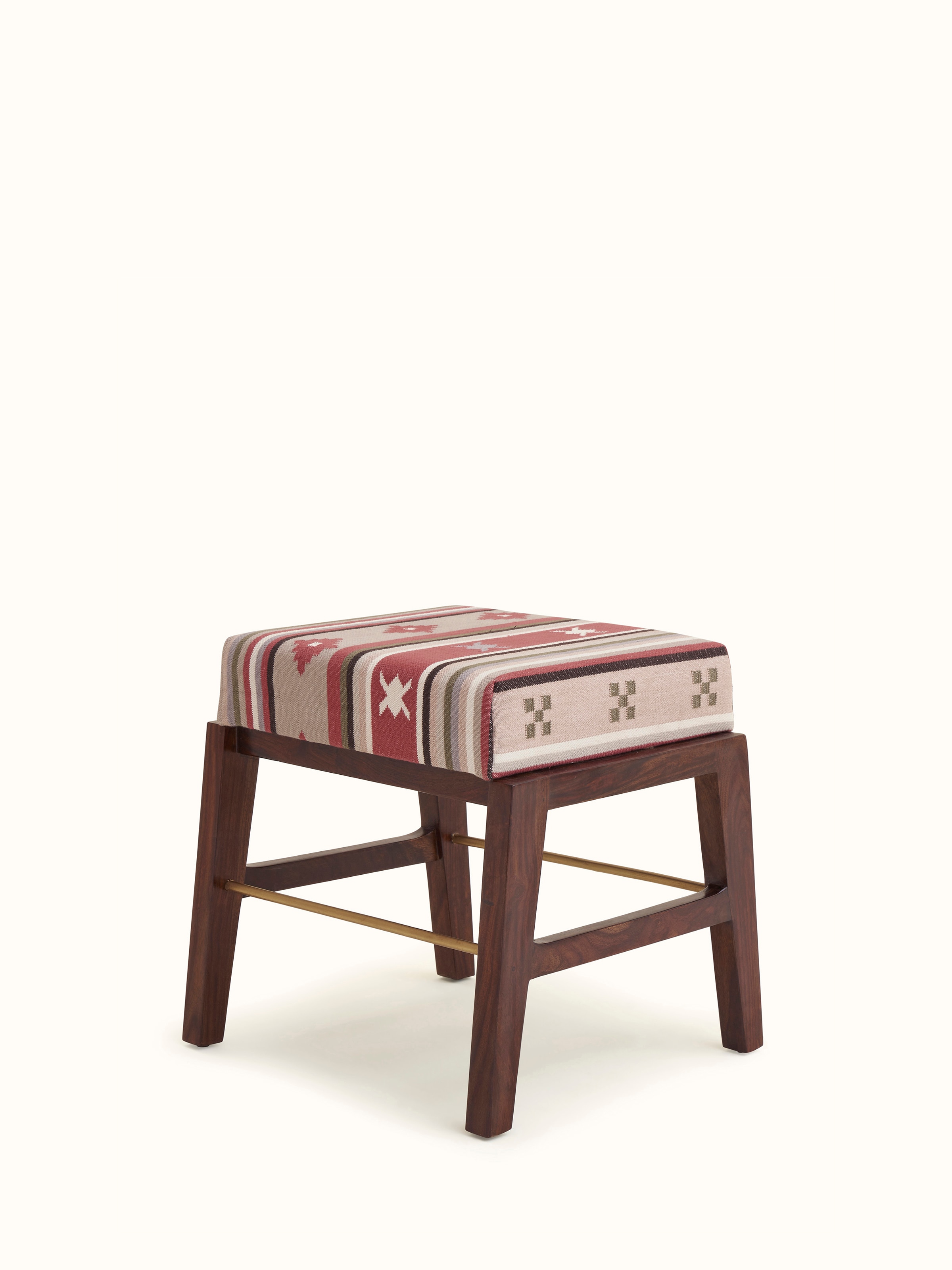 Top view of the Panja Dhurrie upholstered ottoman, emphasizing the upholstery pattern and Sheesham wood construction.