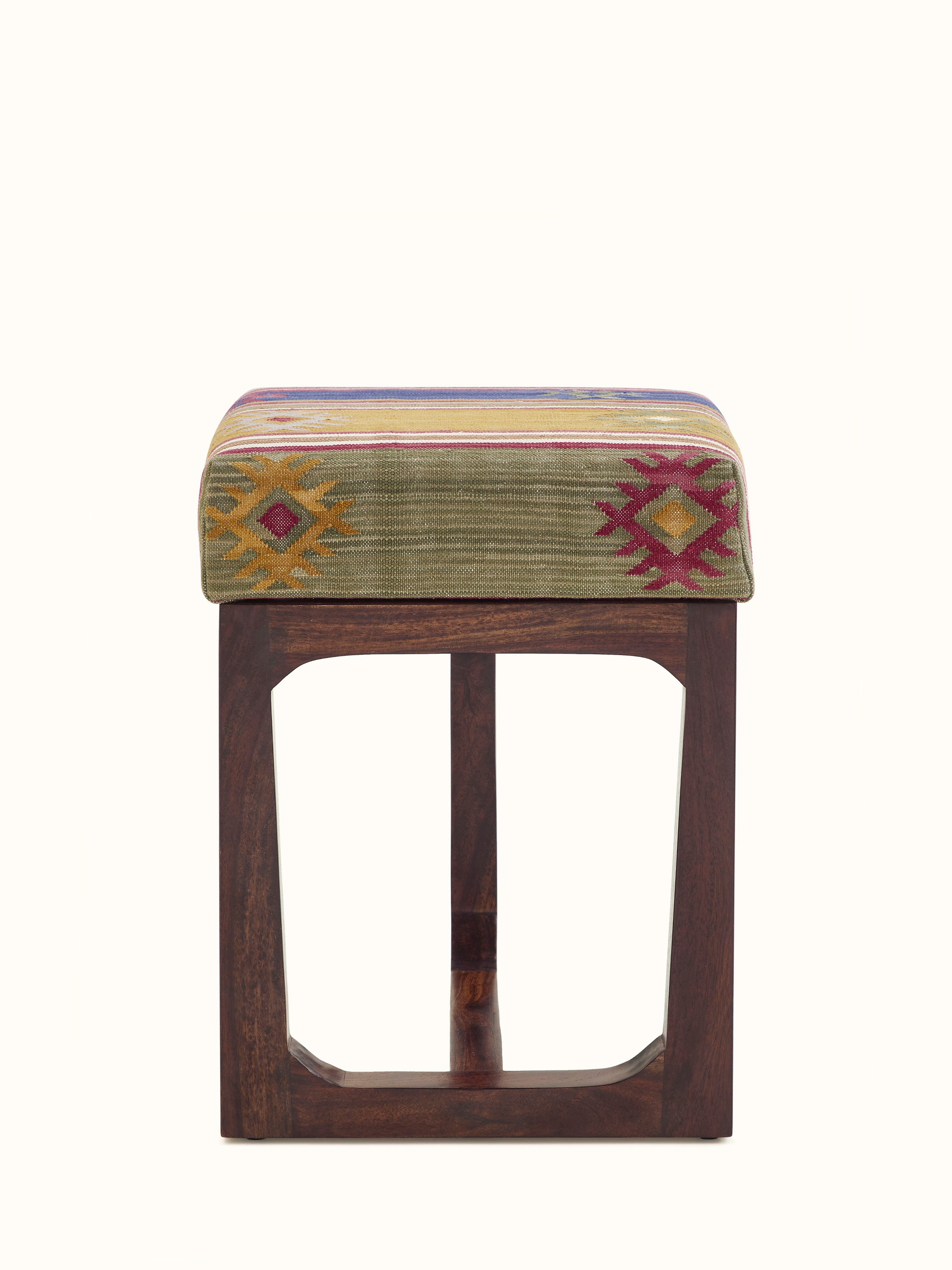 Top view of the Panja Dhurrie upholstered Sheesham wood stool, showcasing the pattern and overall design of the fabric