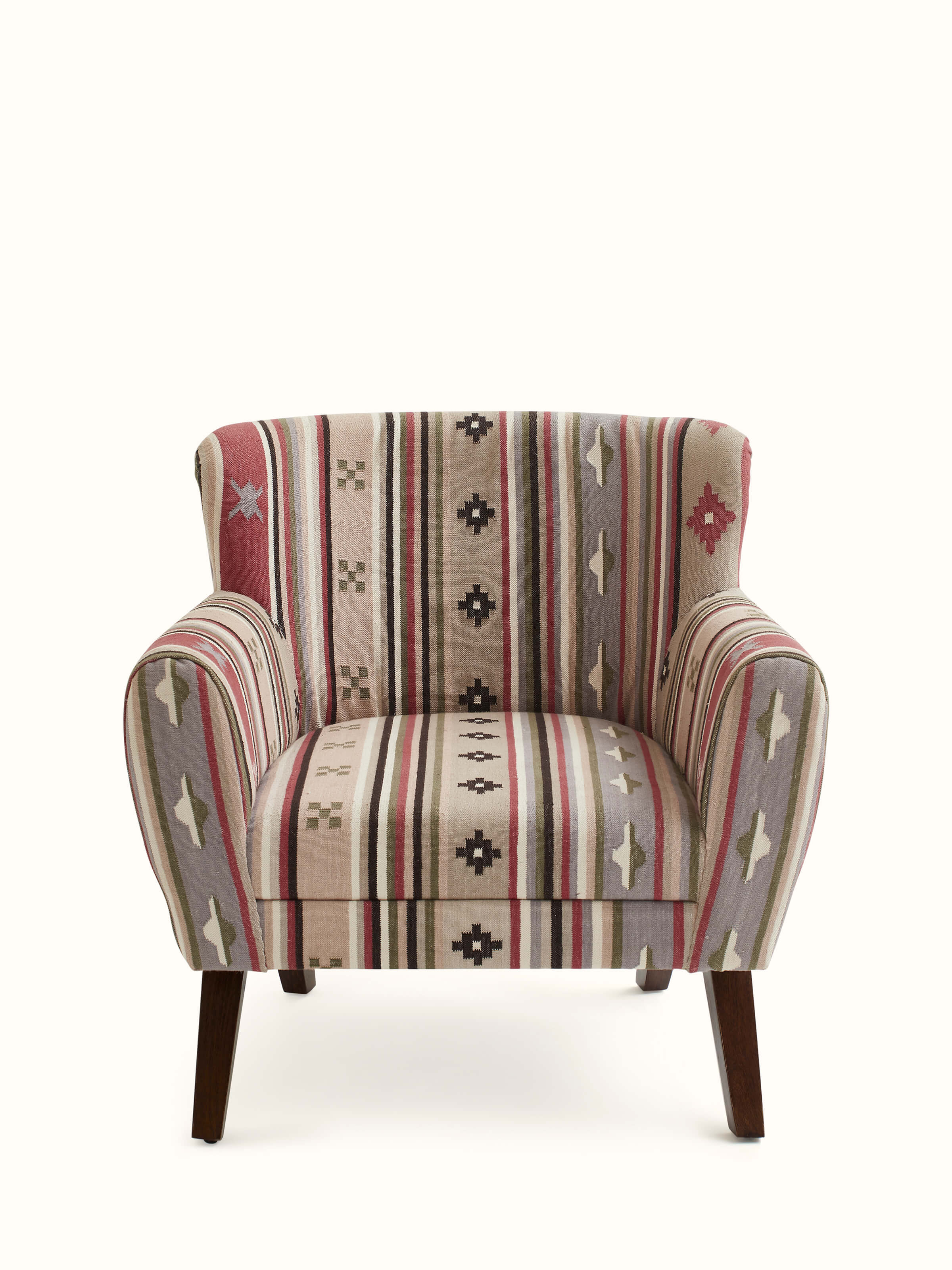 Front view of Panja Dhurrie upholstered Sheesham wood wing chair, showcasing its traditional design and fabric upholstery