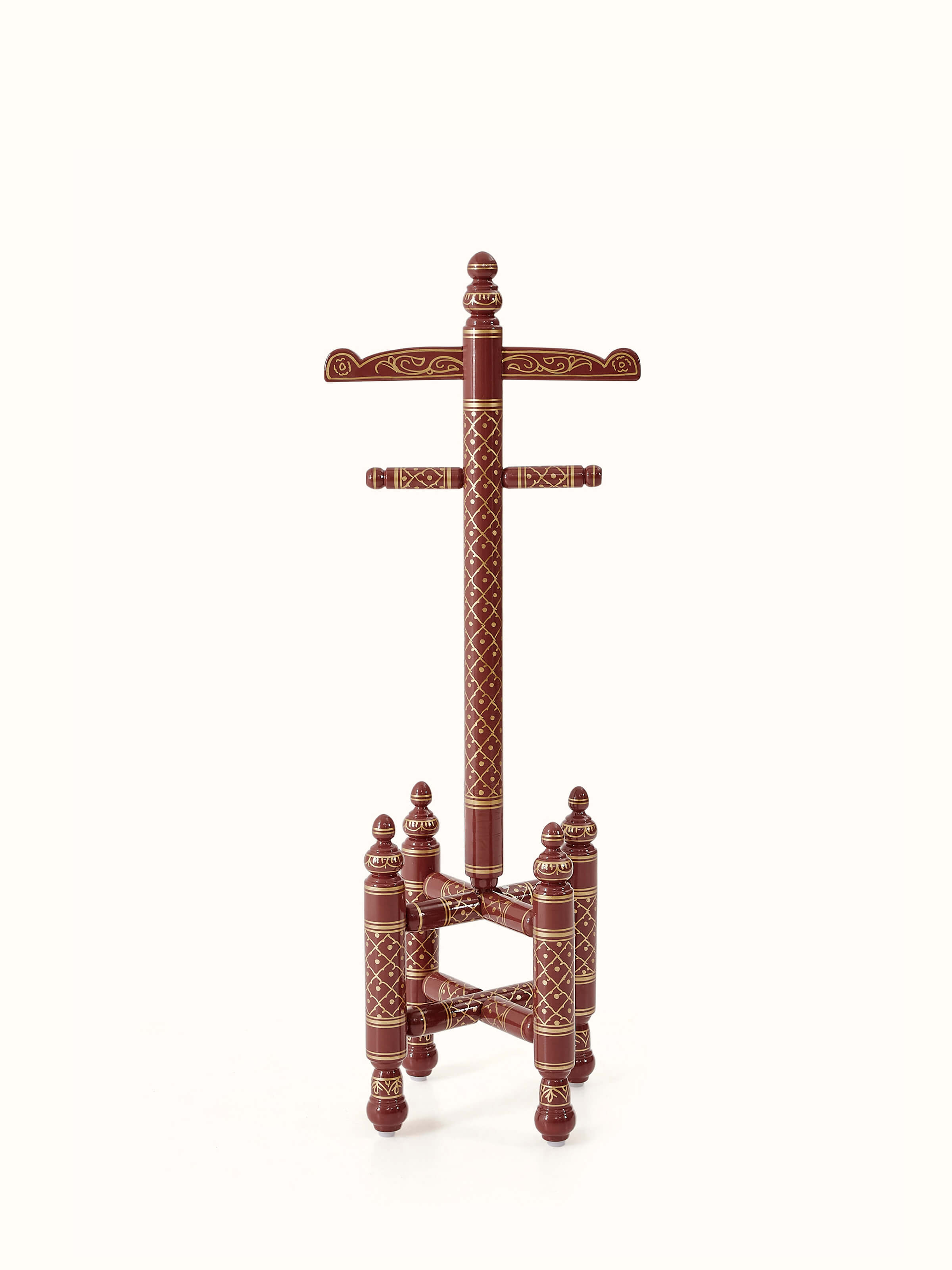 Front view of teak wood Sankheda maroon coat hanger, showcasing the elegant design and craftsmanship.