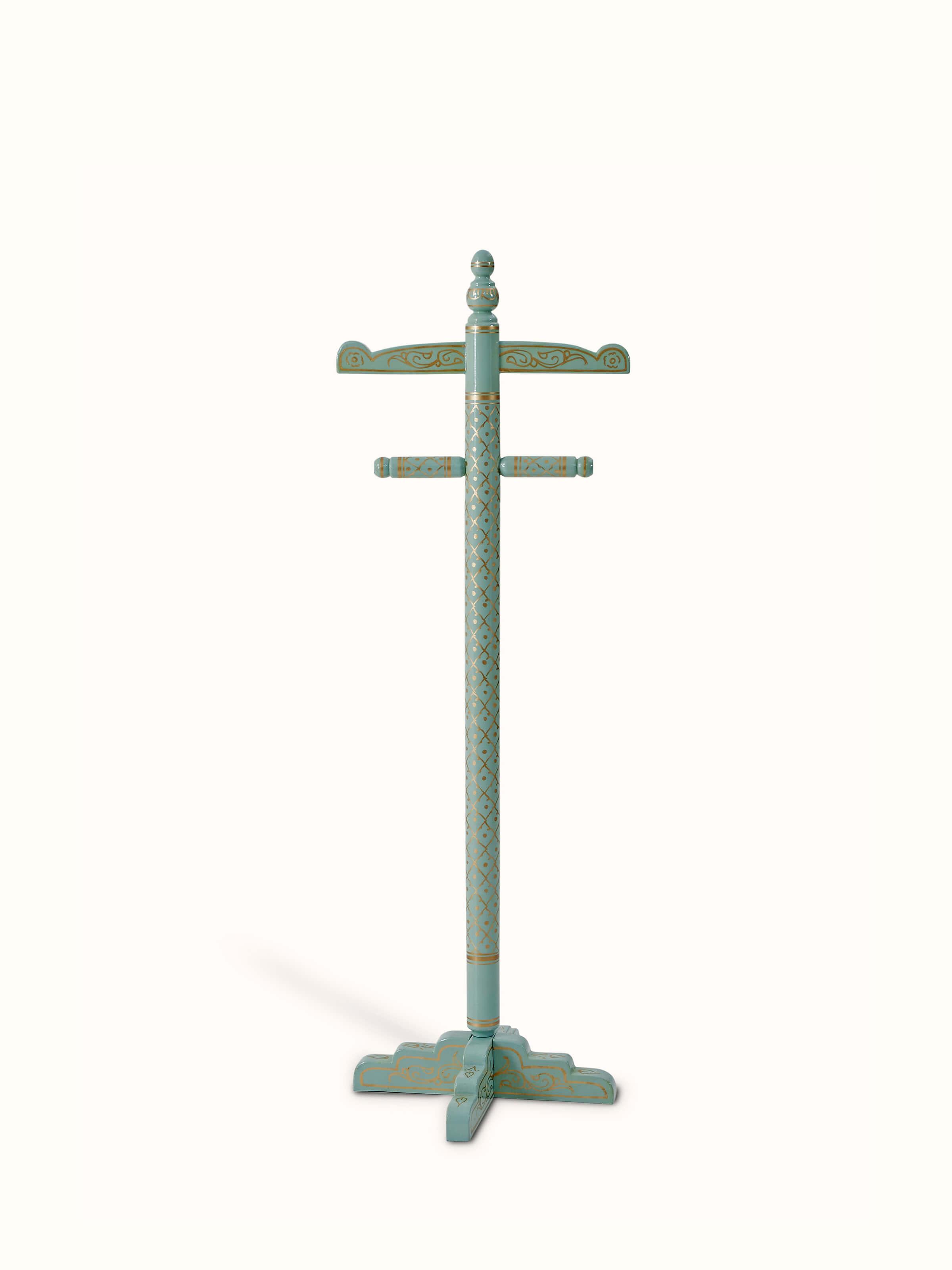 Front view of Teak Wood Sankheda Aqua Coat Hanger, highlighting its elegant design and vibrant aqua finish