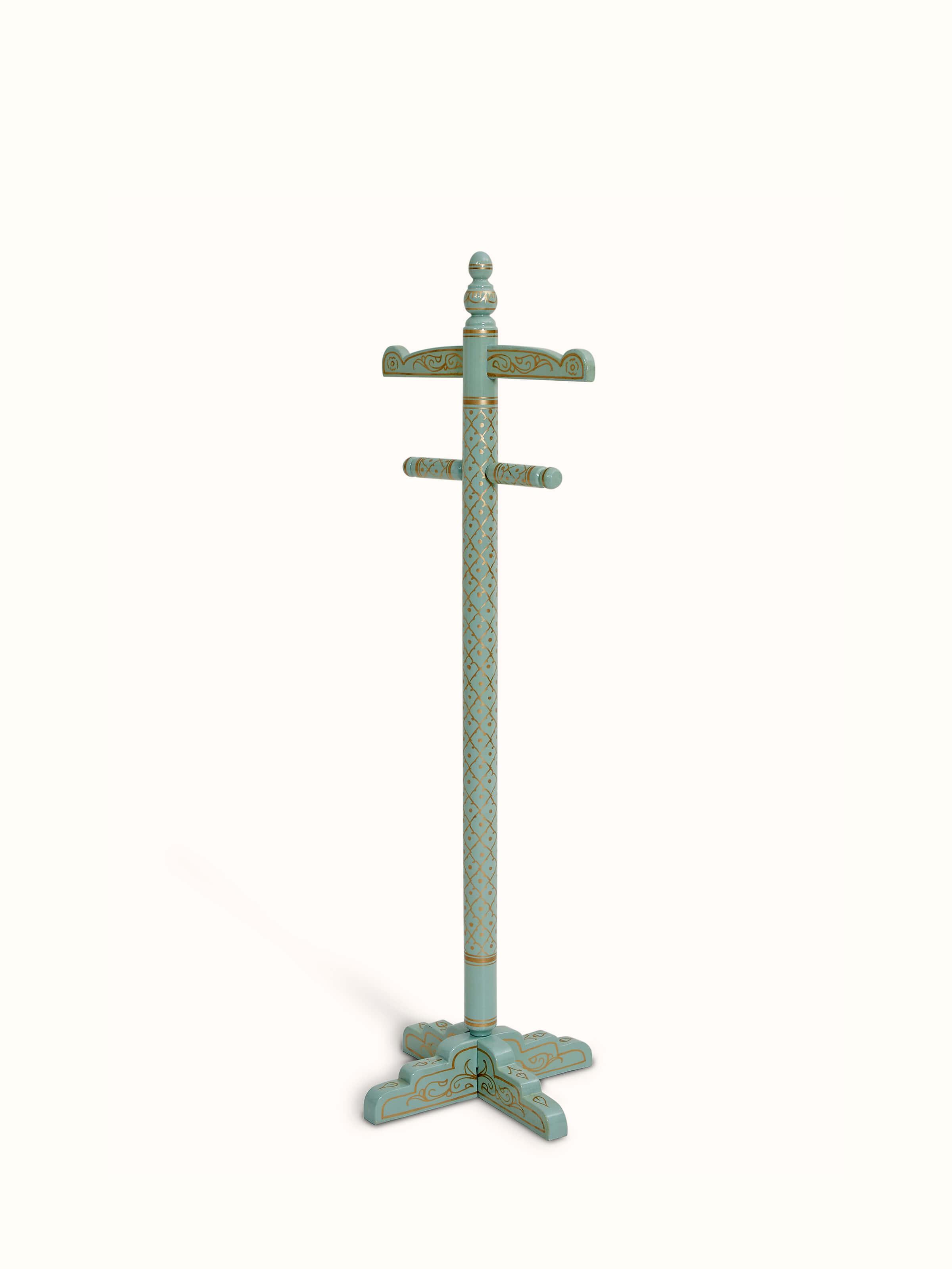 Close-up of the hooks on Teak Wood Sankheda Aqua Coat Hanger, emphasizing the craftsmanship and finish