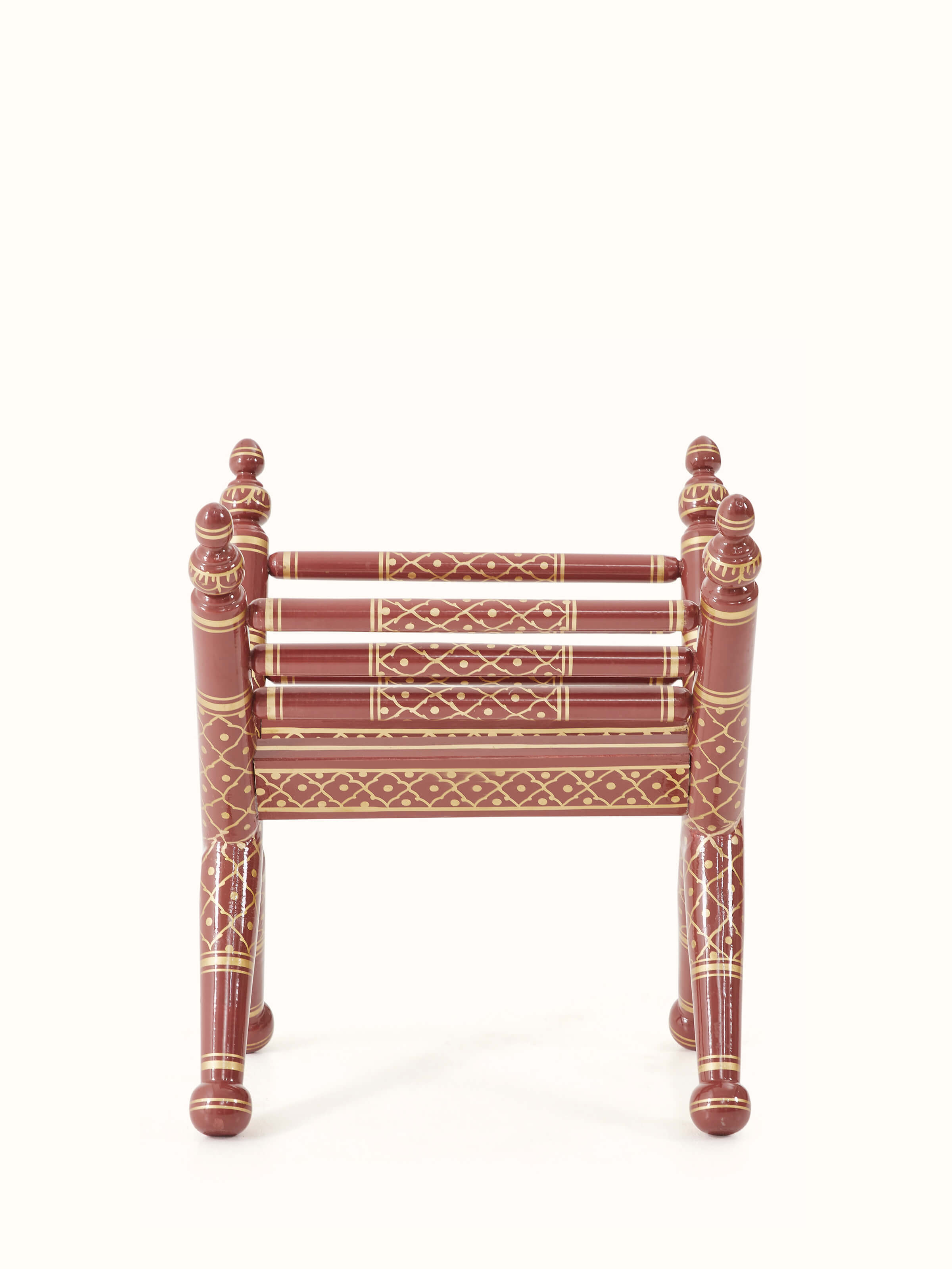 Front view of Teak Wood Sankheda Cross Leg Magazine Rack, showcasing the elegant cross-leg design and wood finish