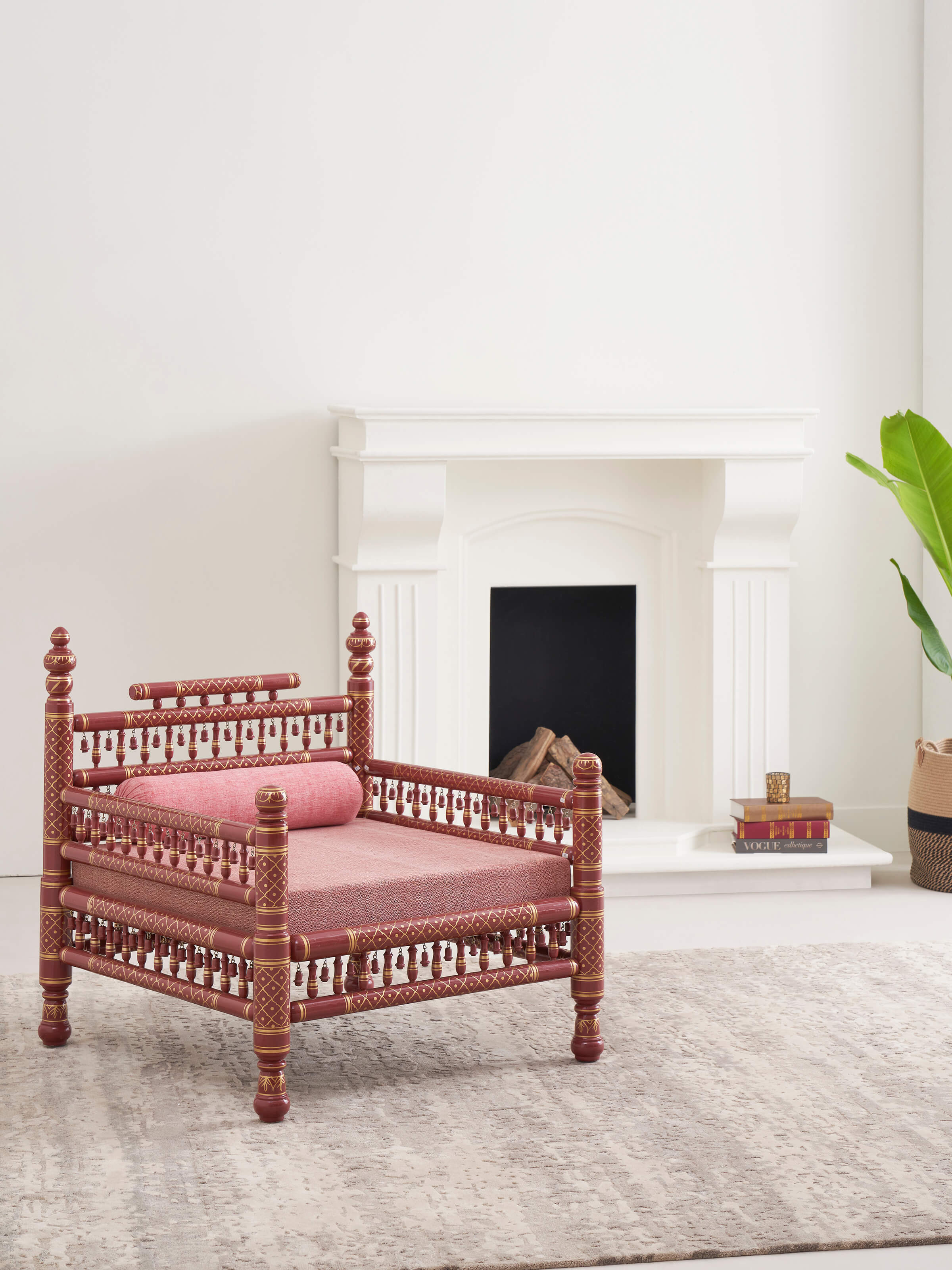 Maroon Upholstered Teak Wood Sankheda 1-seater Sofa