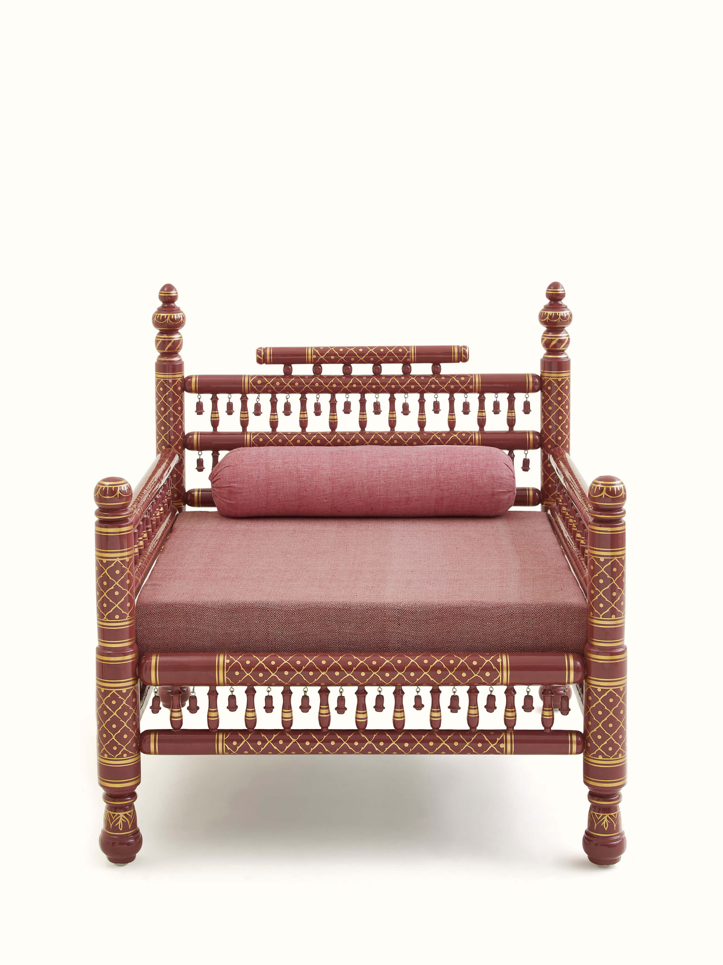 Front view of Kala cotton upholstered Sankheda 1-seater sofa on teak wood, showcasing the elegant design and fabric texture.