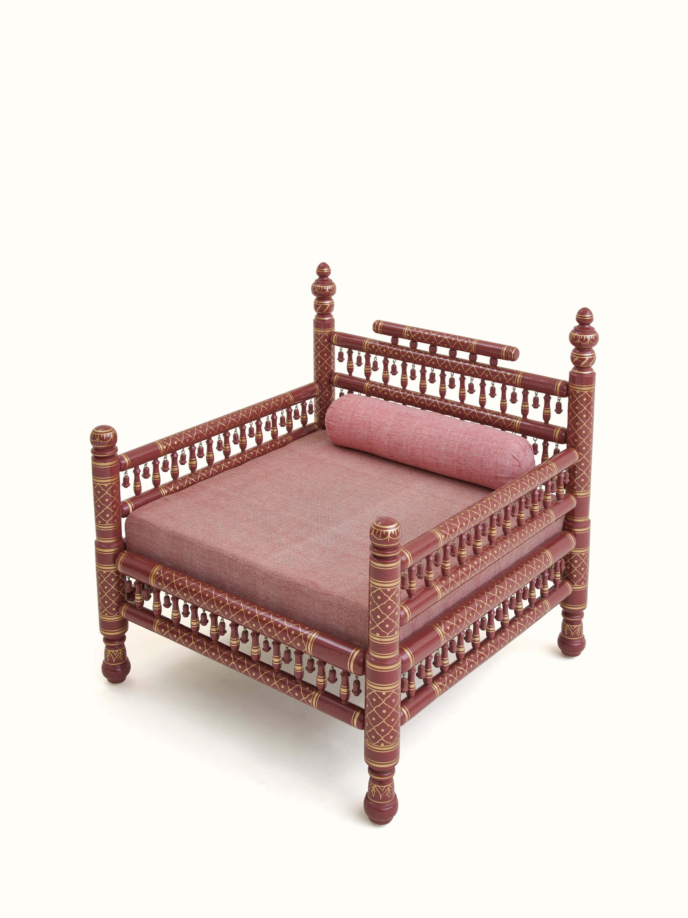 Close-up of Kala cotton upholstery on Sankheda 1-seater sofa, emphasizing the detailed fabric texture and teak wood accents.