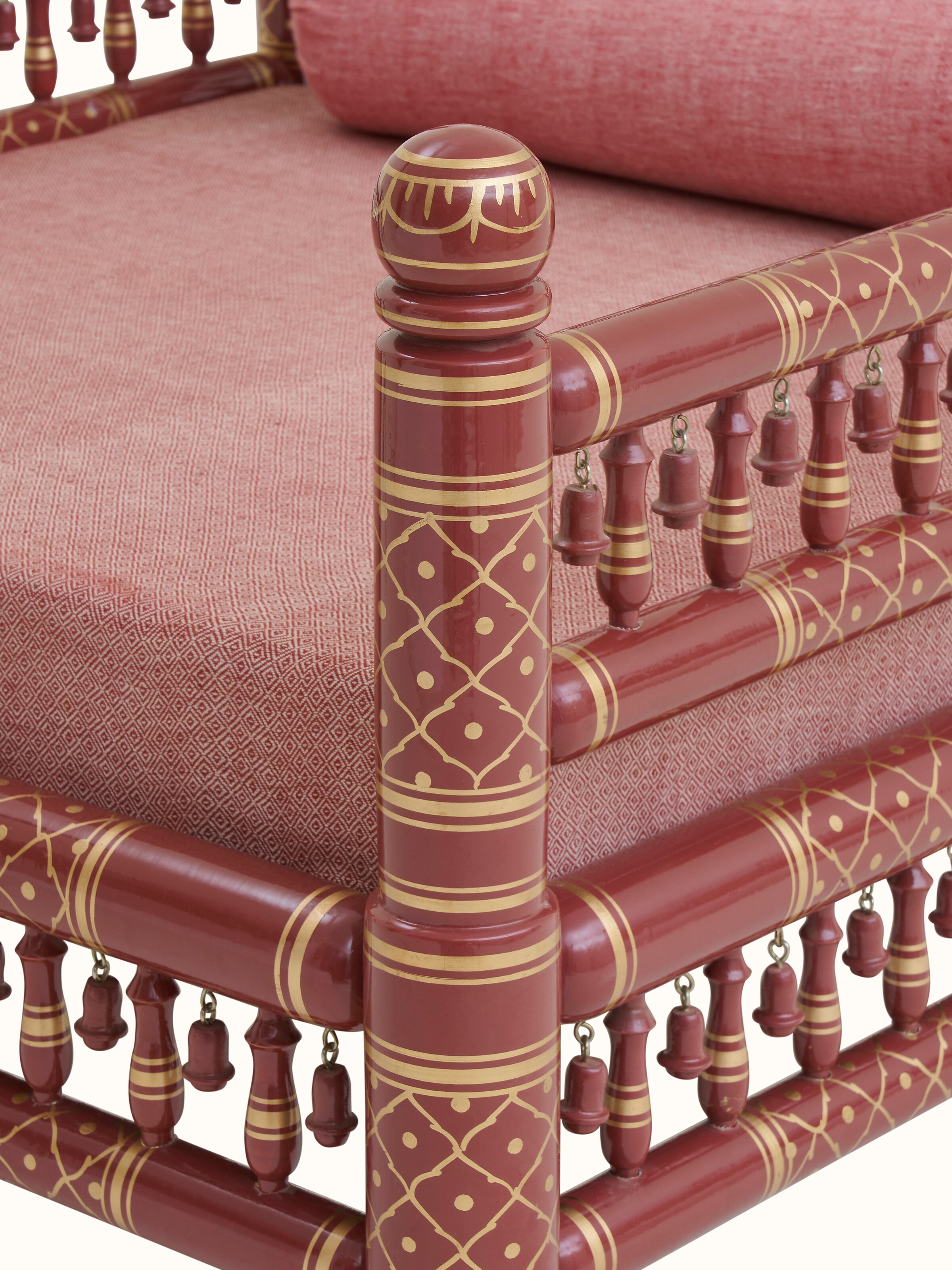 Top view of Kala cotton upholstered Sankheda 1-seater sofa, highlighting the seating area and fabric pattern.