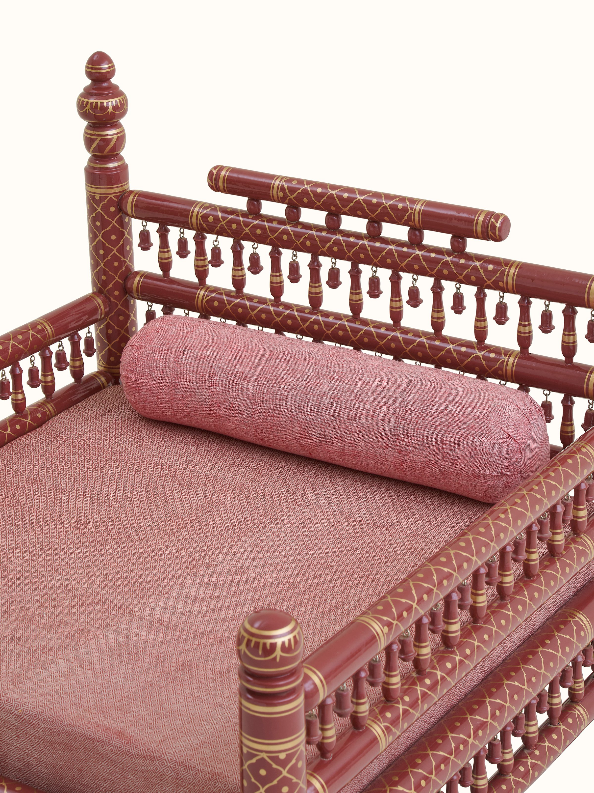 Back view of Kala cotton upholstered Sankheda 1-seater sofa, focusing on the clean lines and teak wood frame.