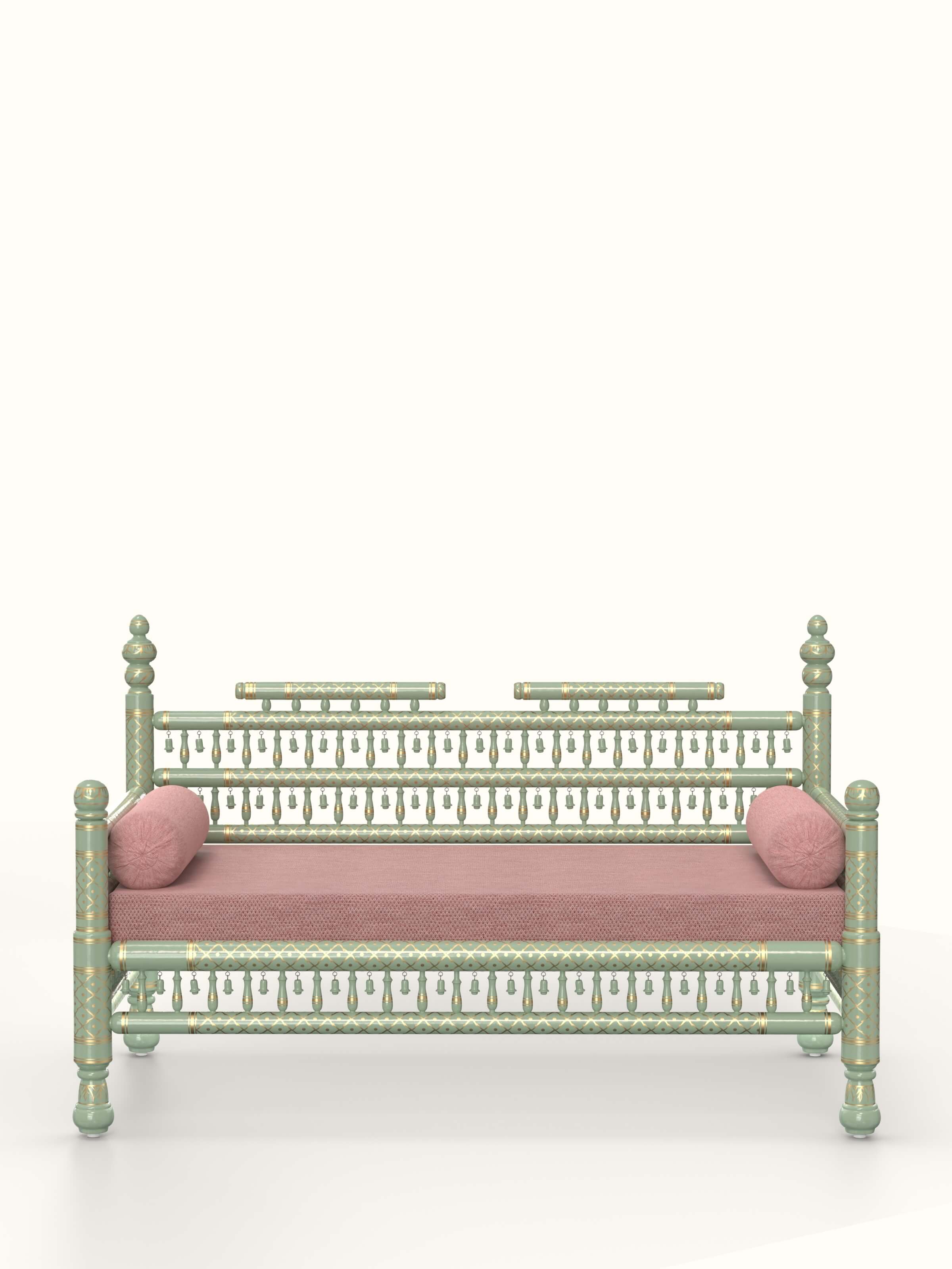 Front view of Aqua Upholstered Teak Wood Sankheda 2-Seater Sofa showcasing its elegant design