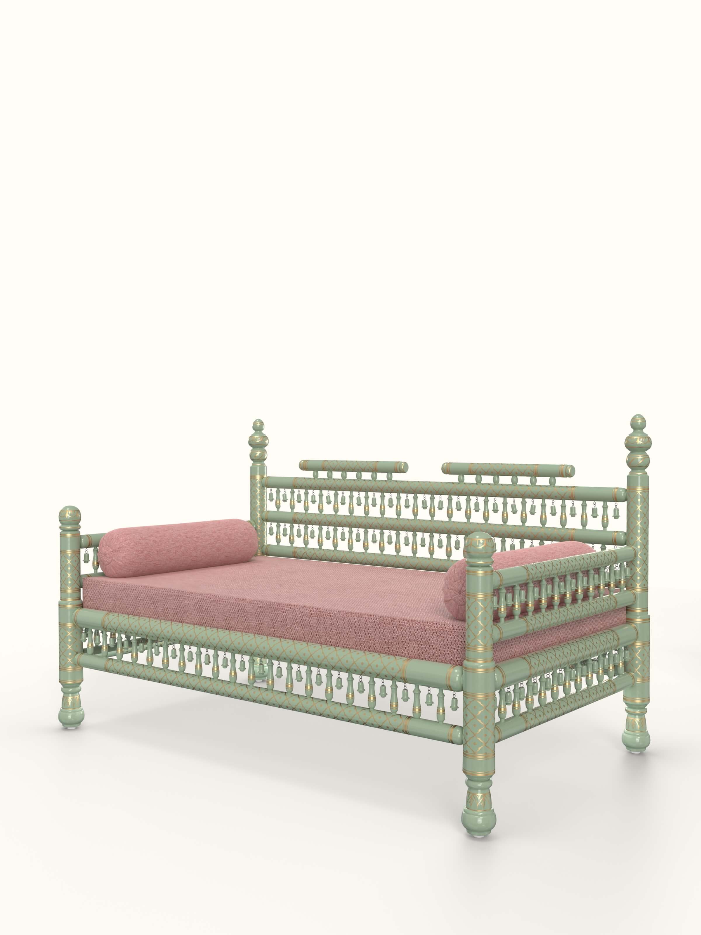 Side view of Aqua Upholstered Teak Wood Sankheda 2-Seater Sofa highlighting the upholstery and wood details