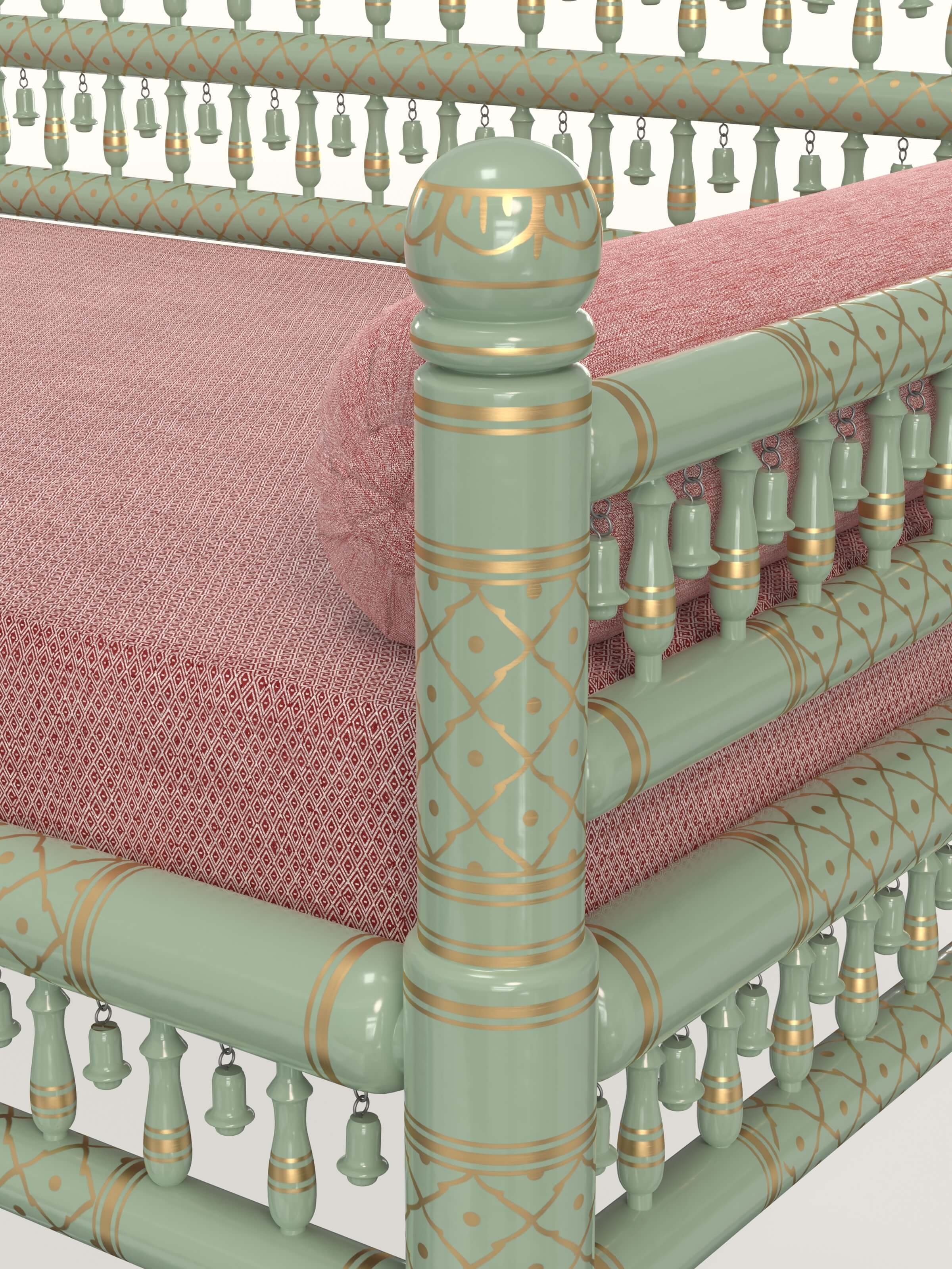 Angled view of Aqua Upholstered Teak Wood Sankheda 2-Seater Sofa emphasizing the overall structure