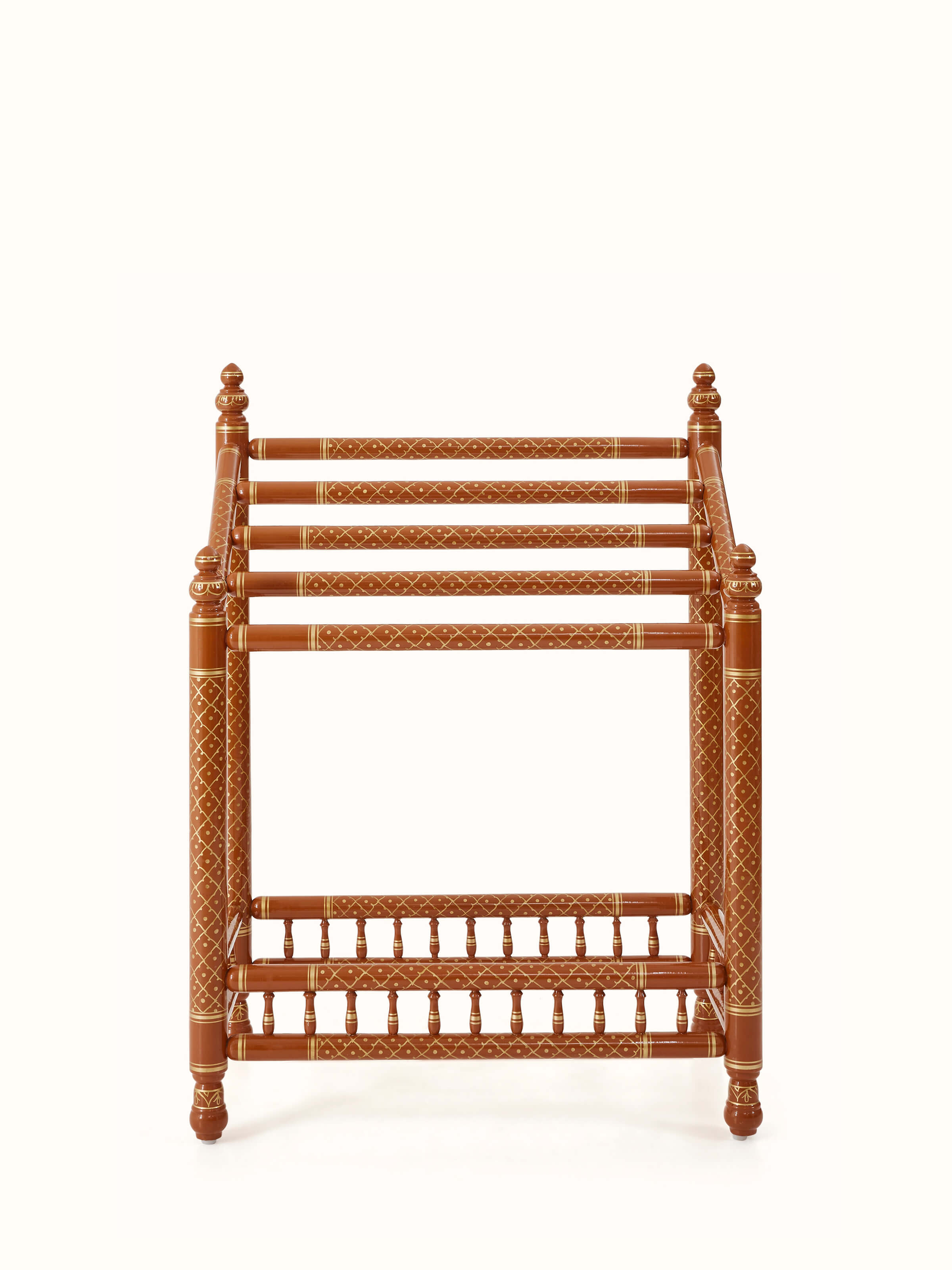 Front view of the teak wood Sankheda towel hanger, highlighting its elegant design and sturdy construction