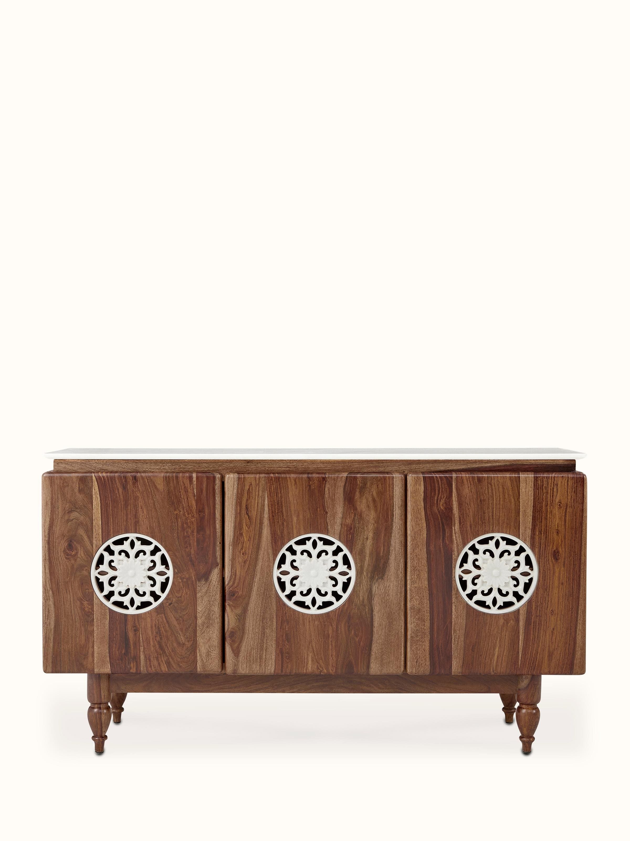Front view of walnut finish carved marble & sheesham wood sideboard showcasing intricate detailing