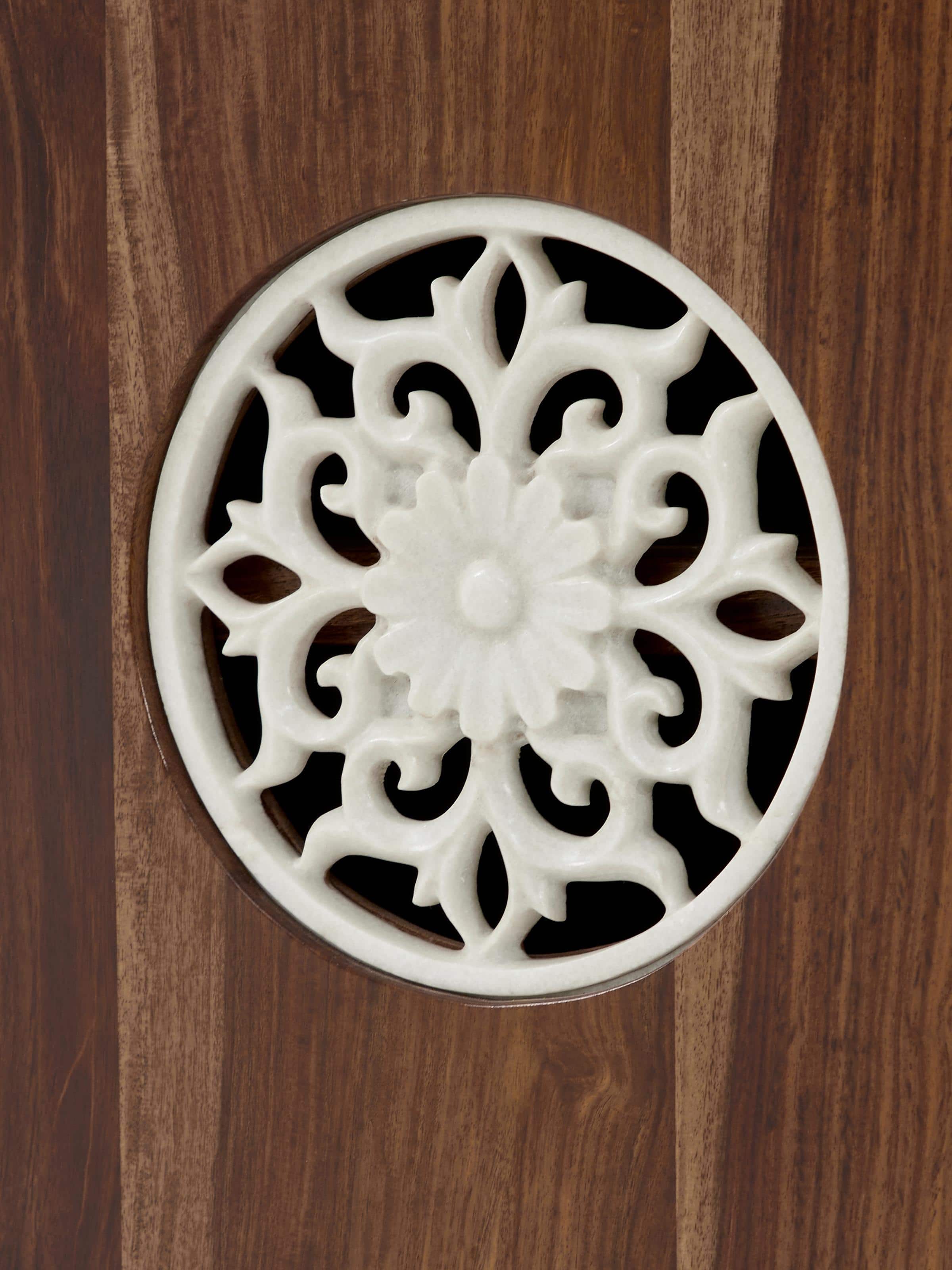 Open view of walnut finish carved marble & sheesham wood sideboard with visible storage compartments