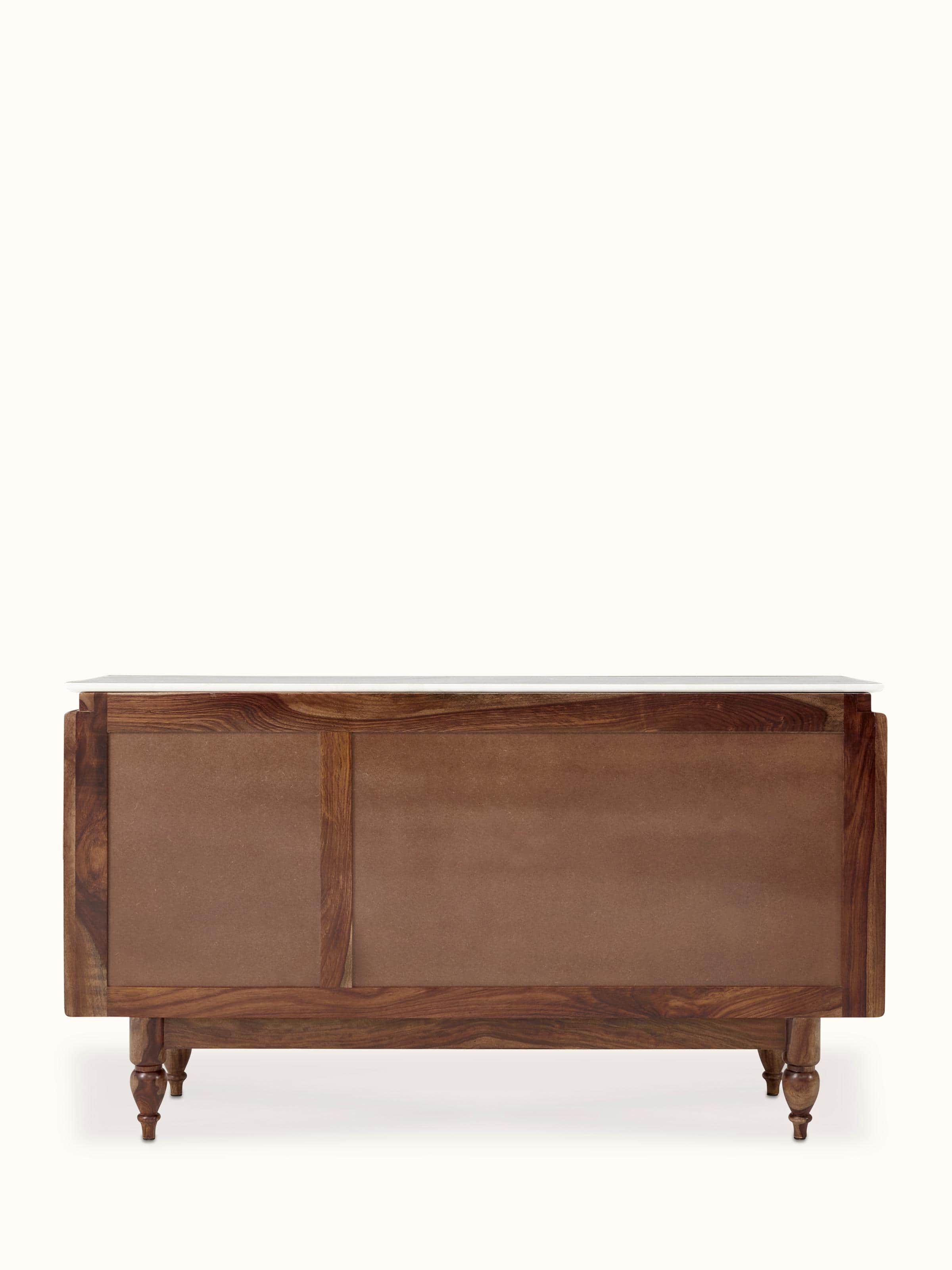 Bottom view of walnut finish carved marble & sheesham wood sideboard displaying intricate carvings