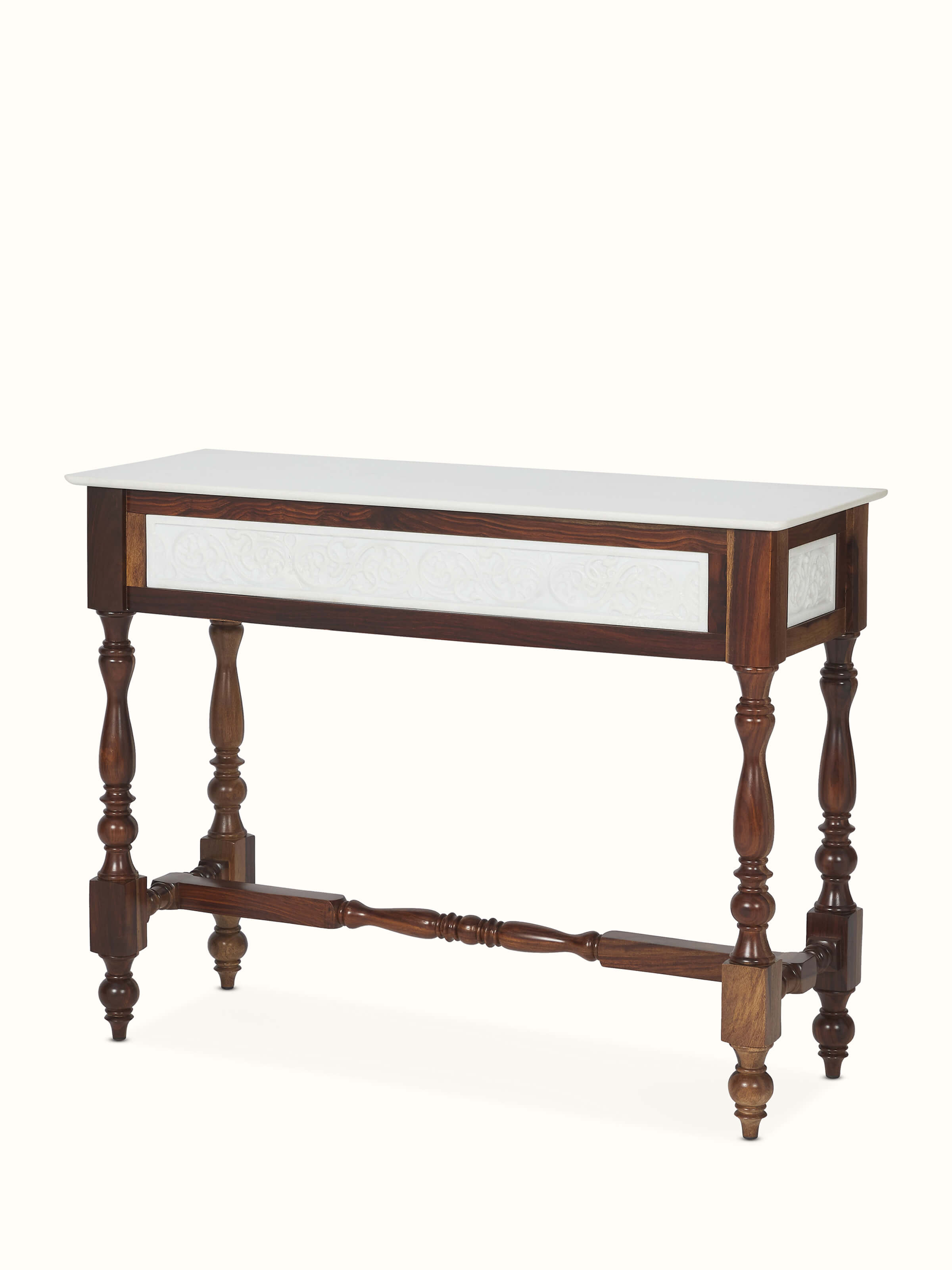 Side view of the walnut finish carved marble and Sheesham wood console table, showcasing the detailed carving and elegant design