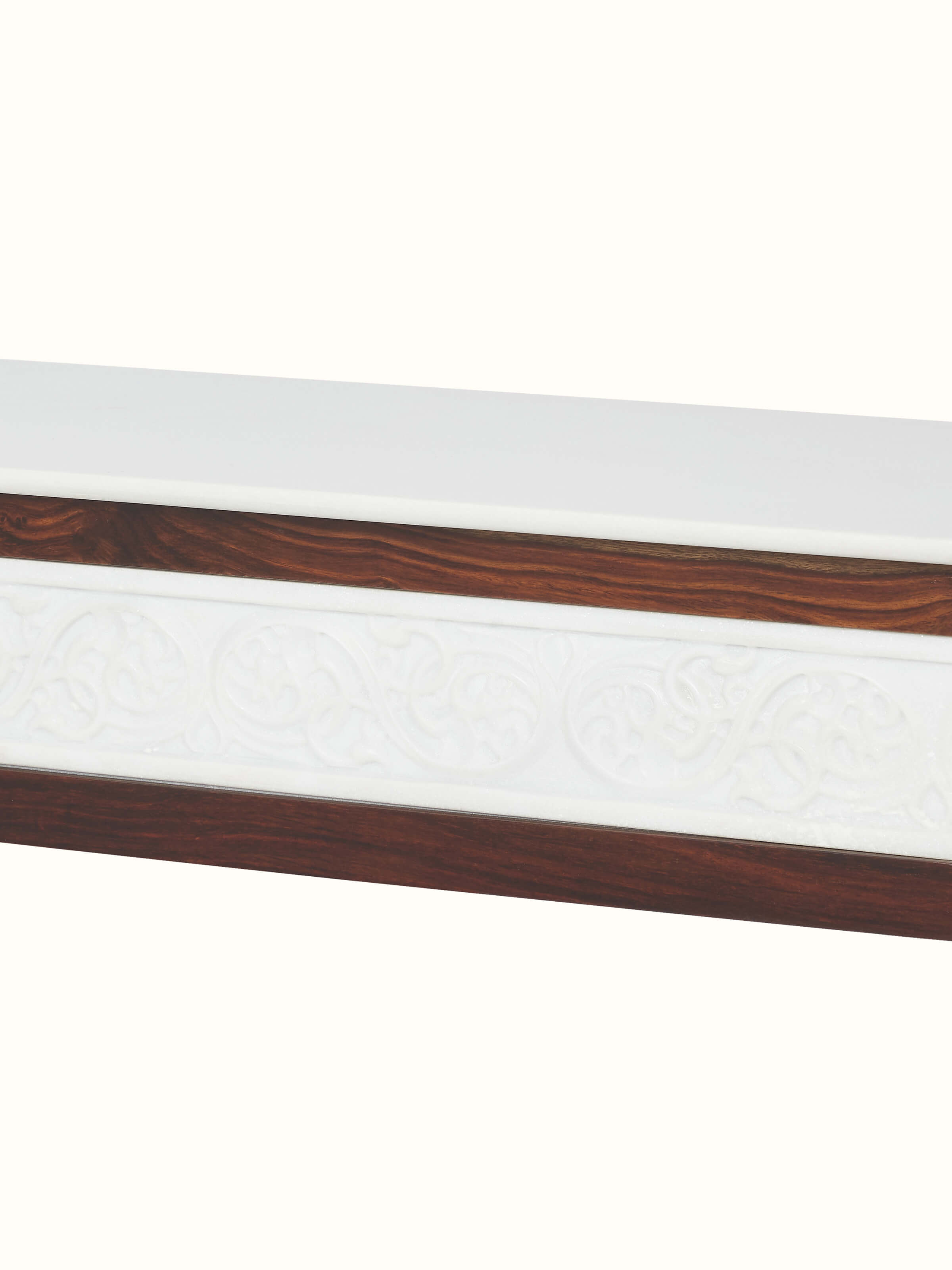 Close-up of the marble top of the walnut finish carved marble and Sheesham wood console table, emphasizing the marble’s texture and pattern