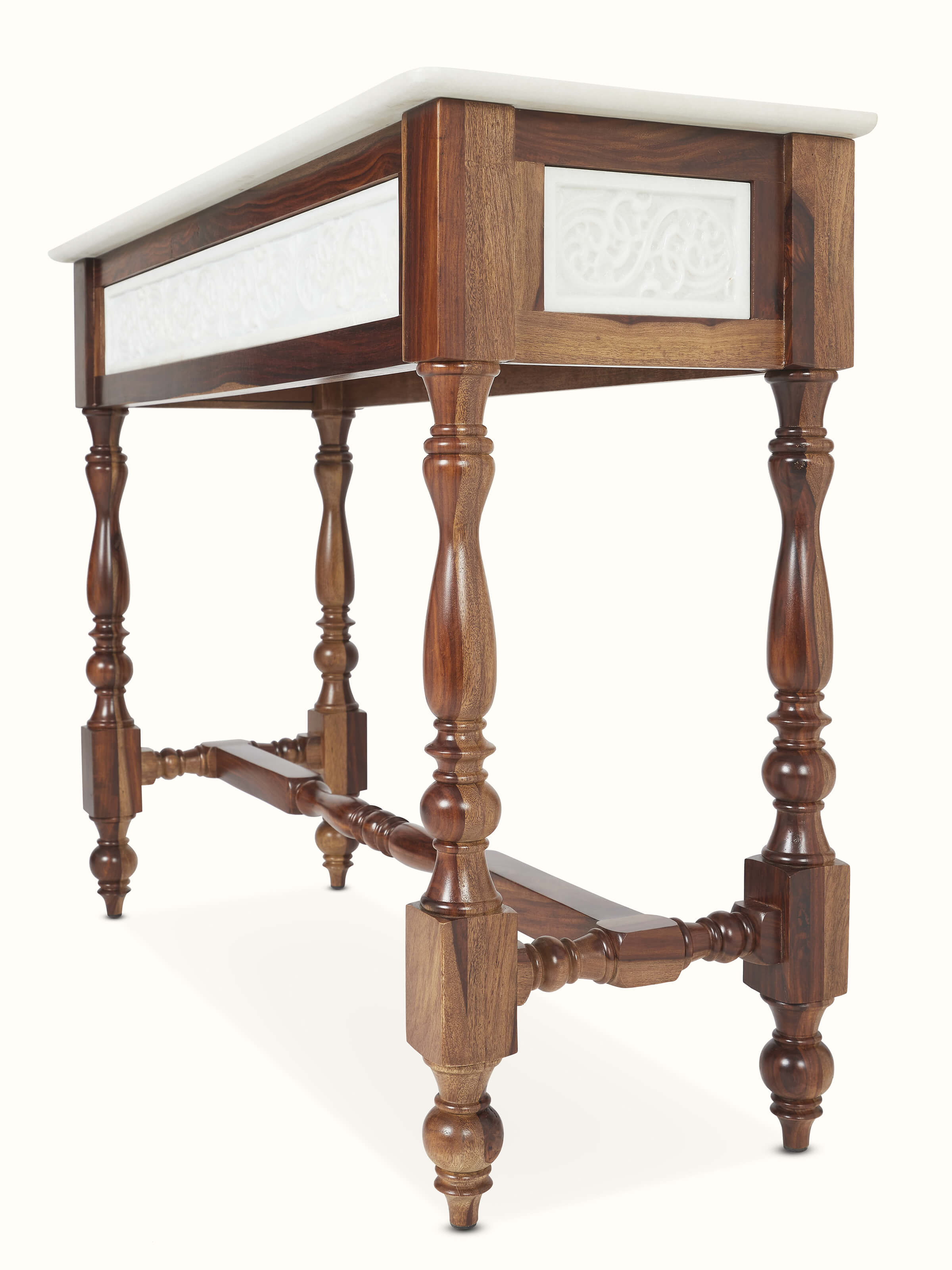 Rear view of the walnut finish carved marble and Sheesham wood console table, showcasing the back design and craftsmanship