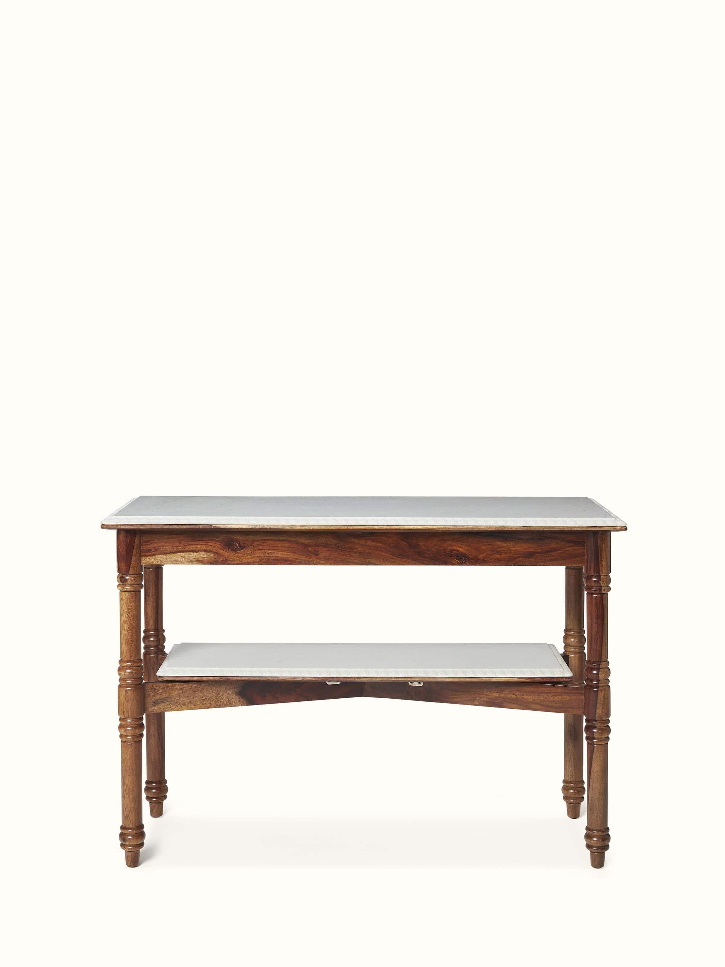 Front view of the walnut finish carved marble and sheesham wood console table with shelf, showcasing its elegant design.