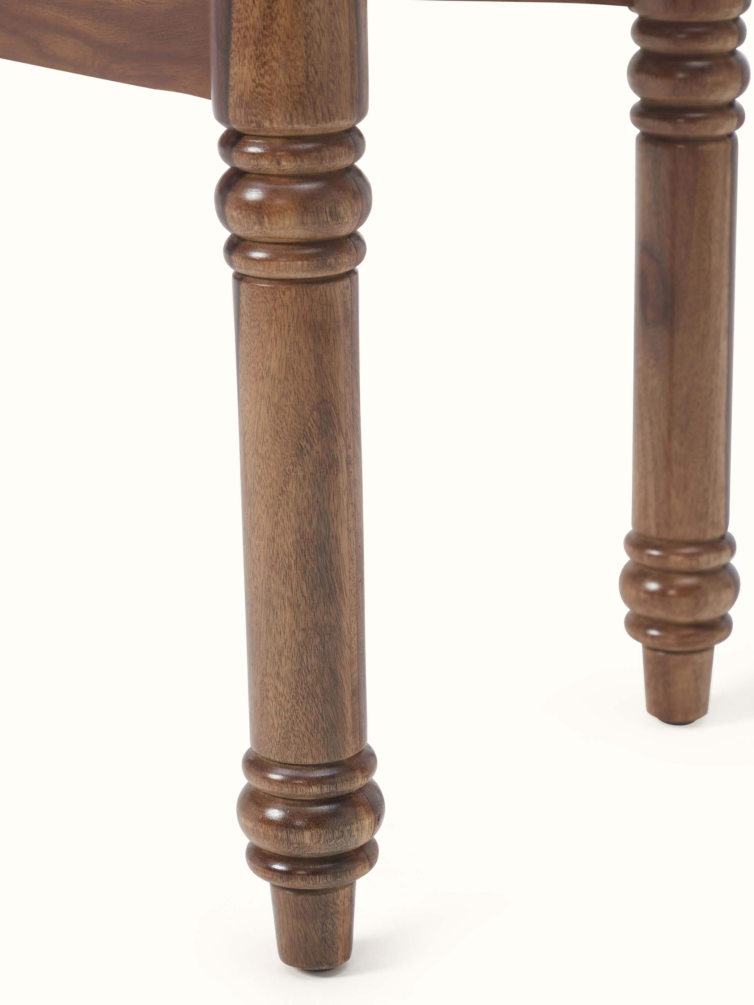 Side view of the walnut finish carved marble and sheesham wood console table with shelf, highlighting the sturdy construction.