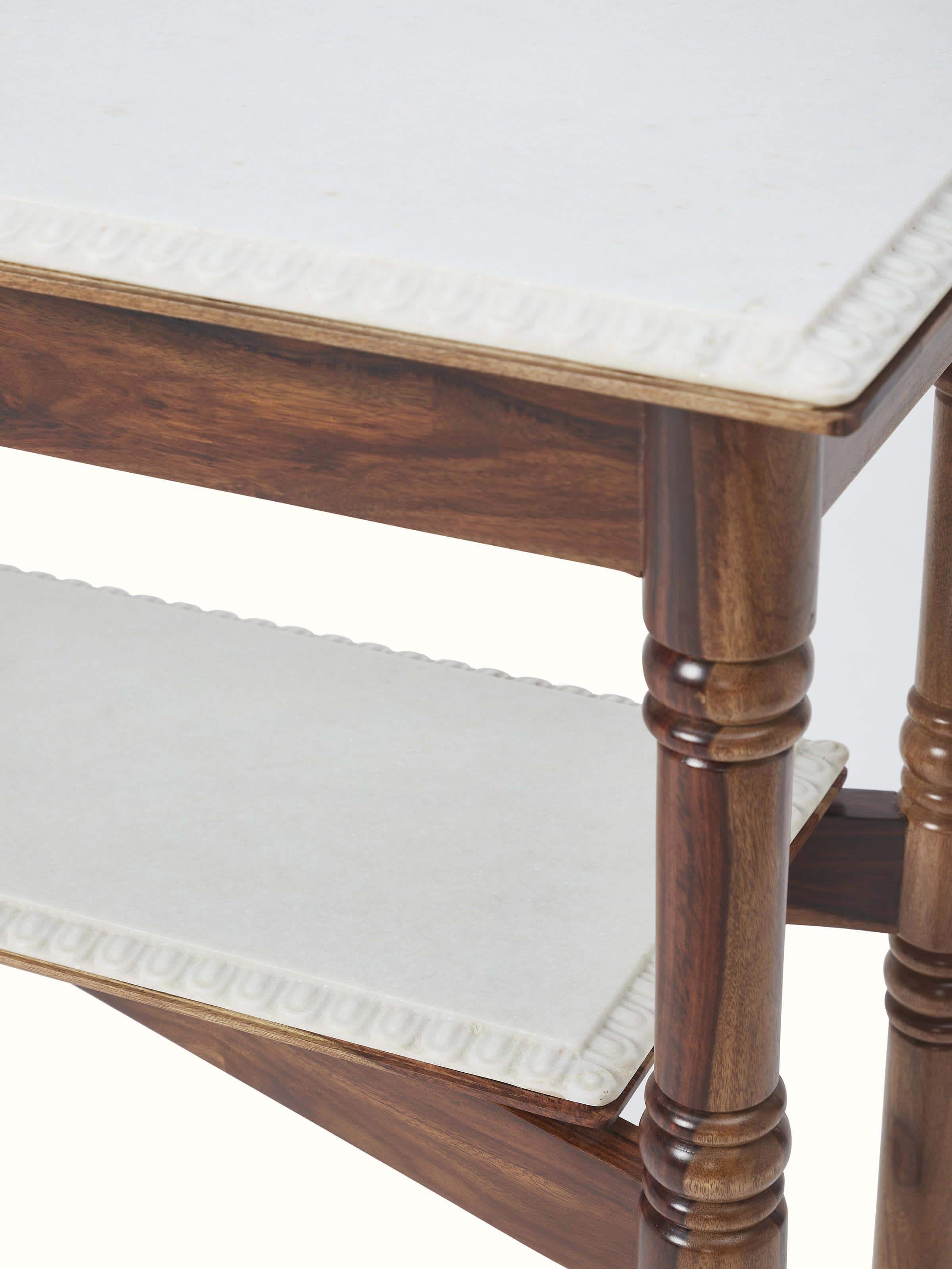 Rear view of the walnut finish carved marble and sheesham wood console table, showcasing the detailed craftsmanship and finish.