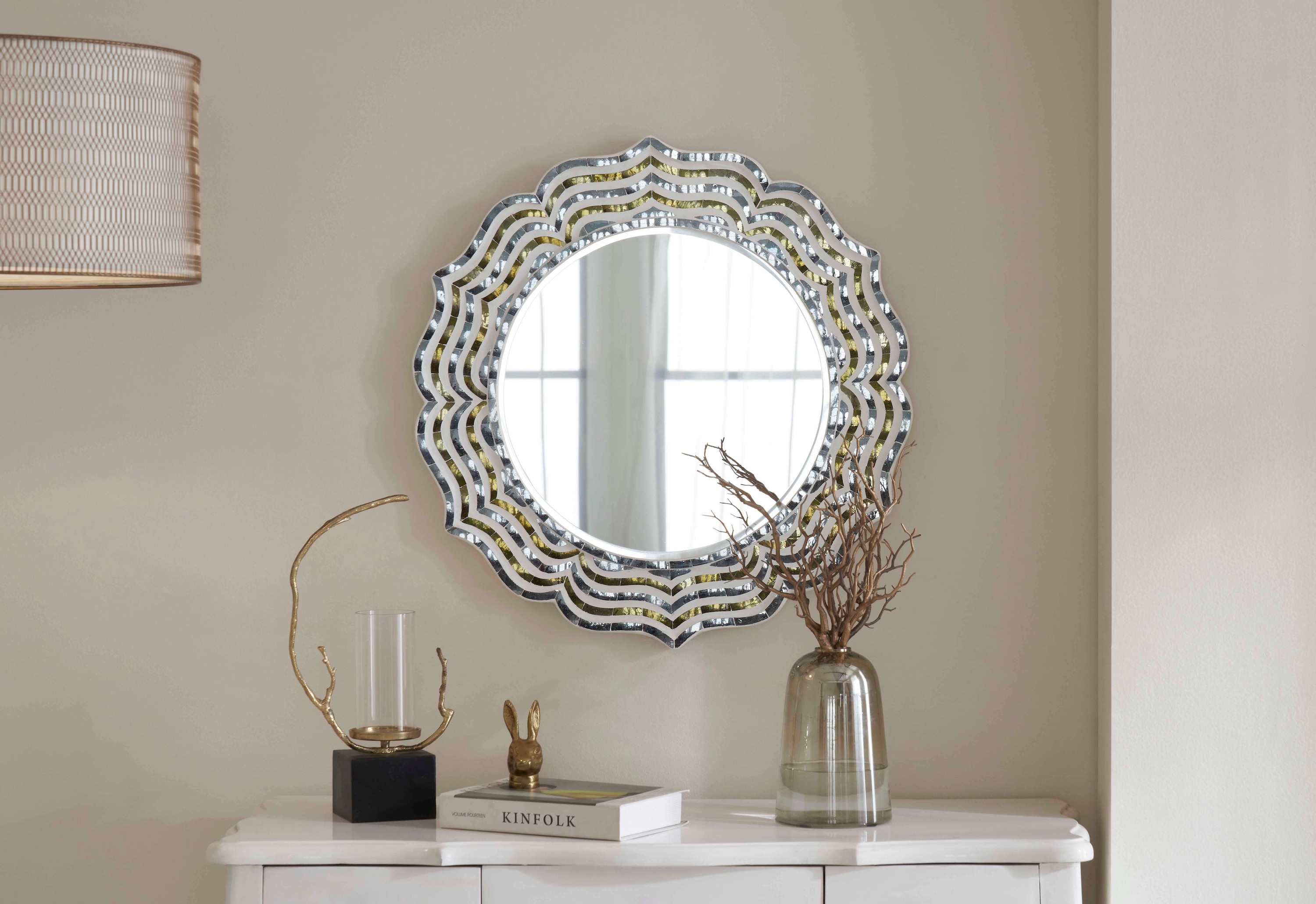 Side view of Swadesh Glass Floral Design Inlay Wall Mirror highlighting its intricate floral inlays and decorative details