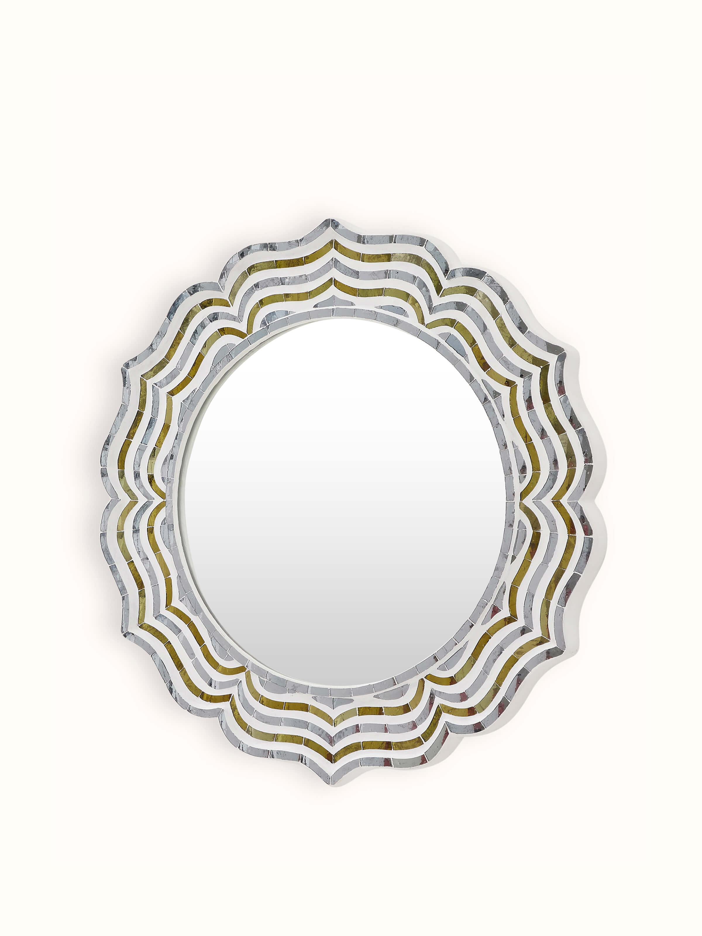 Angled view of Swadesh Glass Floral Design Inlay Wall Mirror with detailed glass inlay and ornate floral patterns