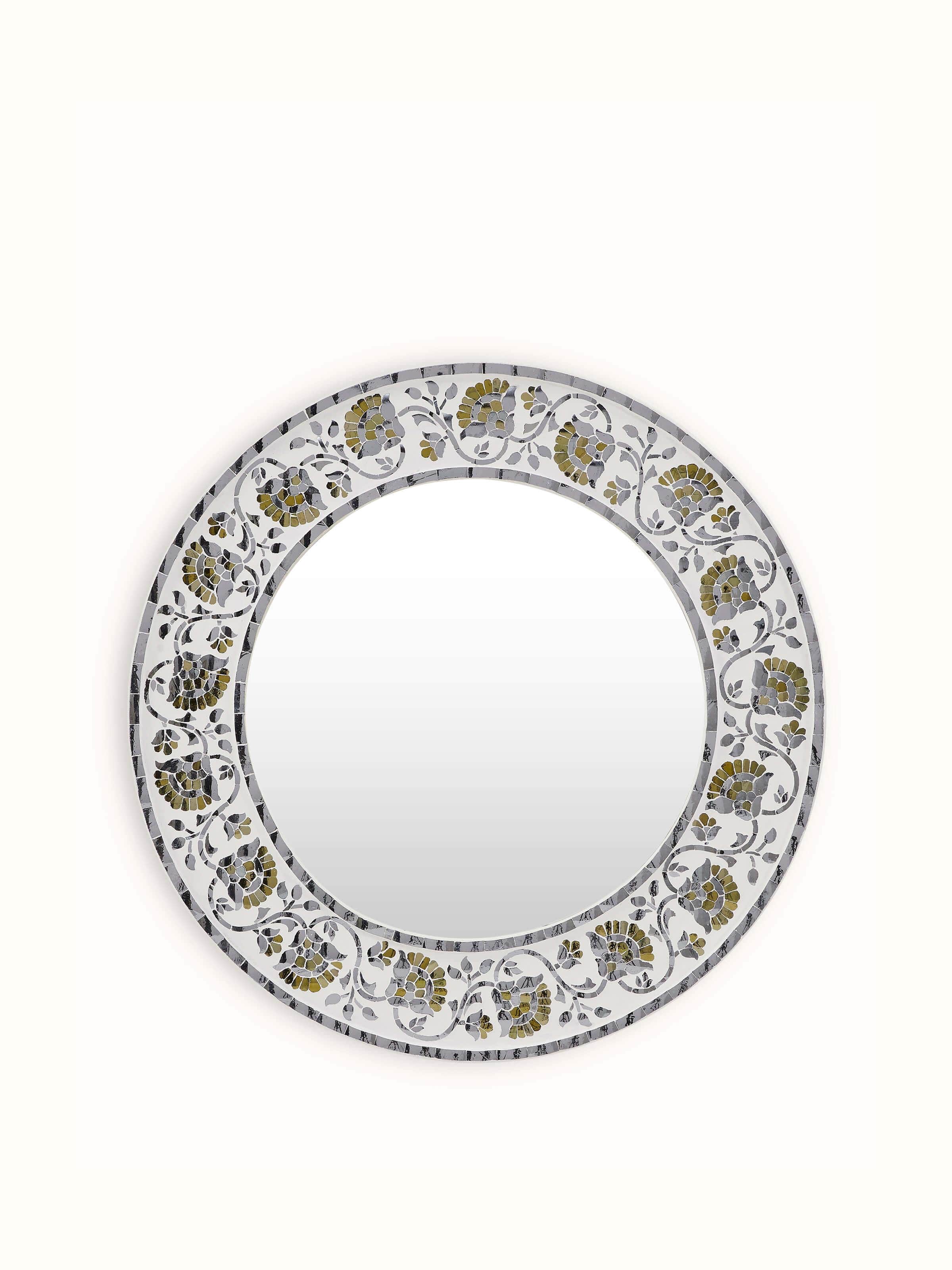 Front view of Glass Floral Design Inlay Round Wall Mirror, showcasing the intricate floral inlay and reflective surface.