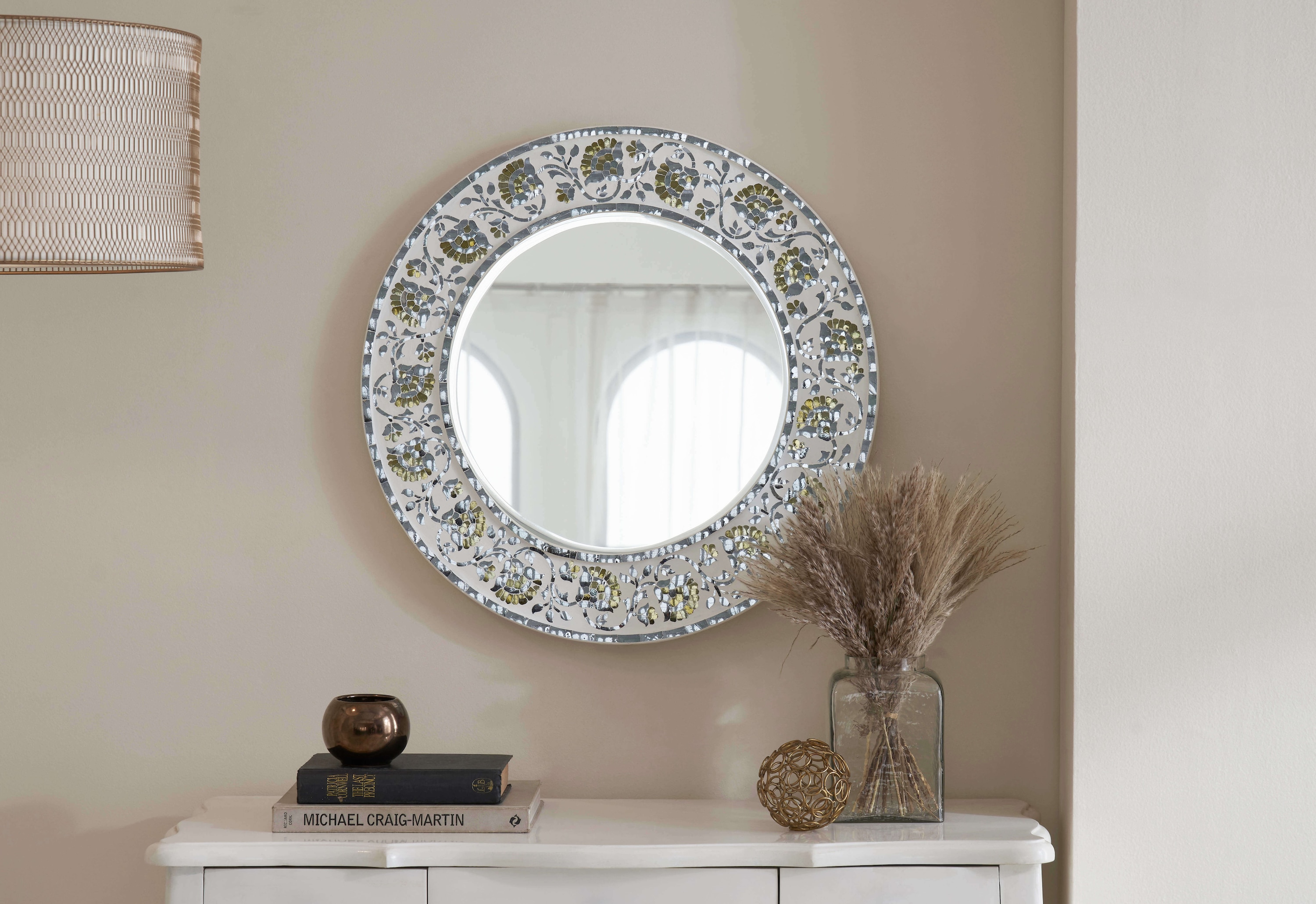 Side view of Glass Floral Design Inlay Round Wall Mirror, highlighting the beautiful floral pattern and clear mirror finish.