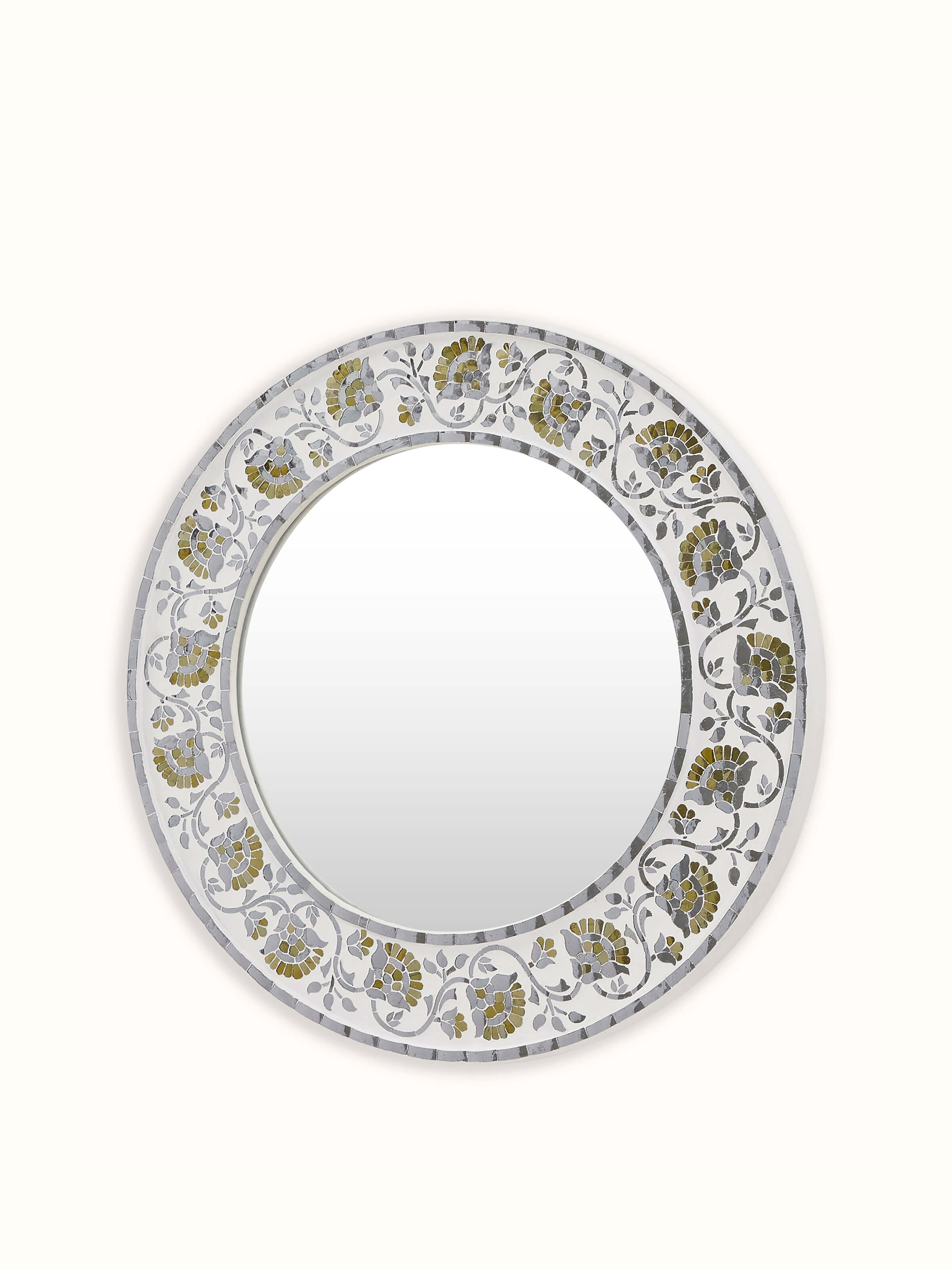 Close-up of Glass Floral Design Inlay Round Wall Mirror, focusing on the delicate glass inlay and smooth circular frame.