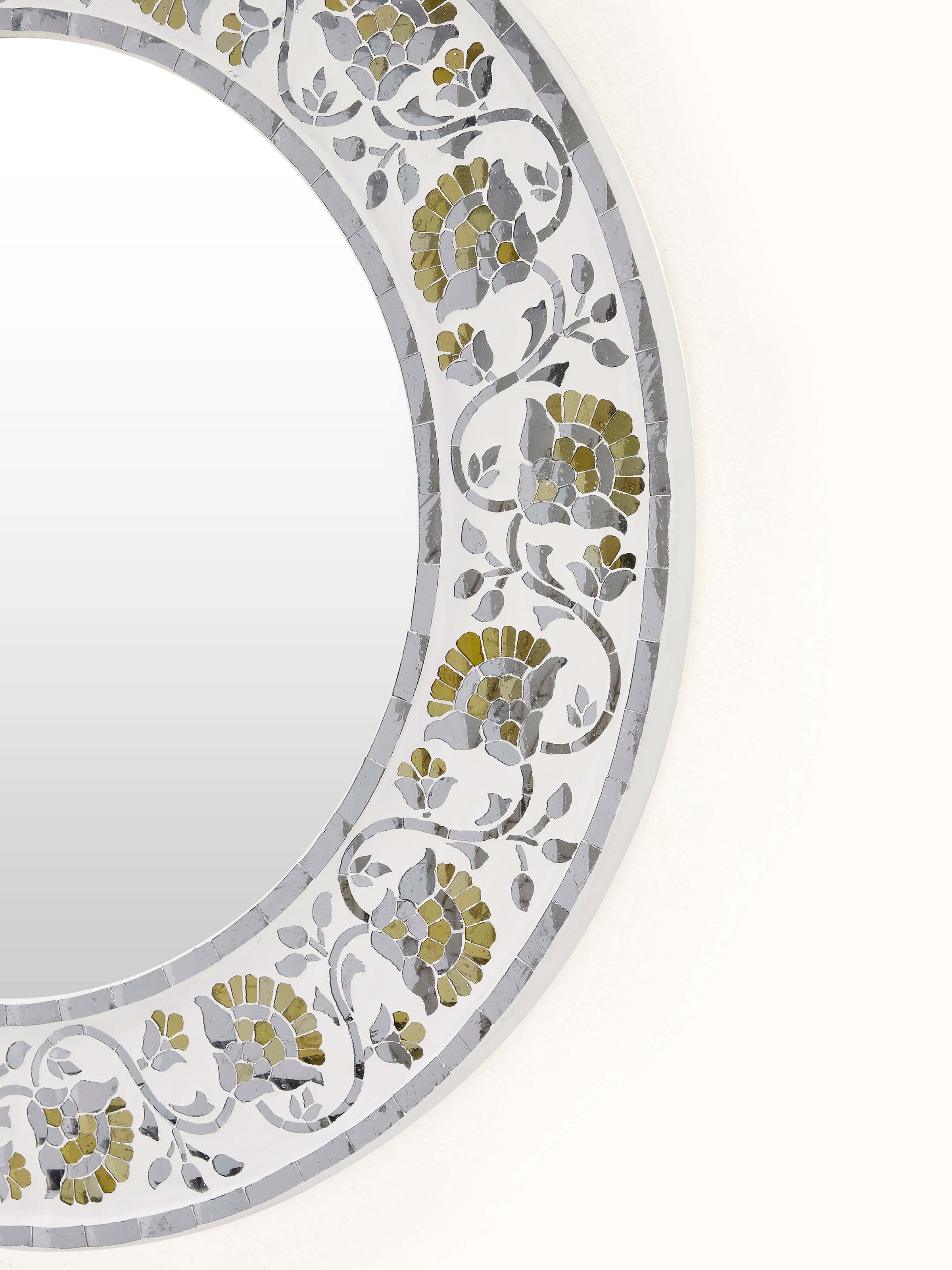 Detailed view of Glass Floral Design Inlay Round Wall Mirror, emphasizing the intricate floral design and perfect circular shape.