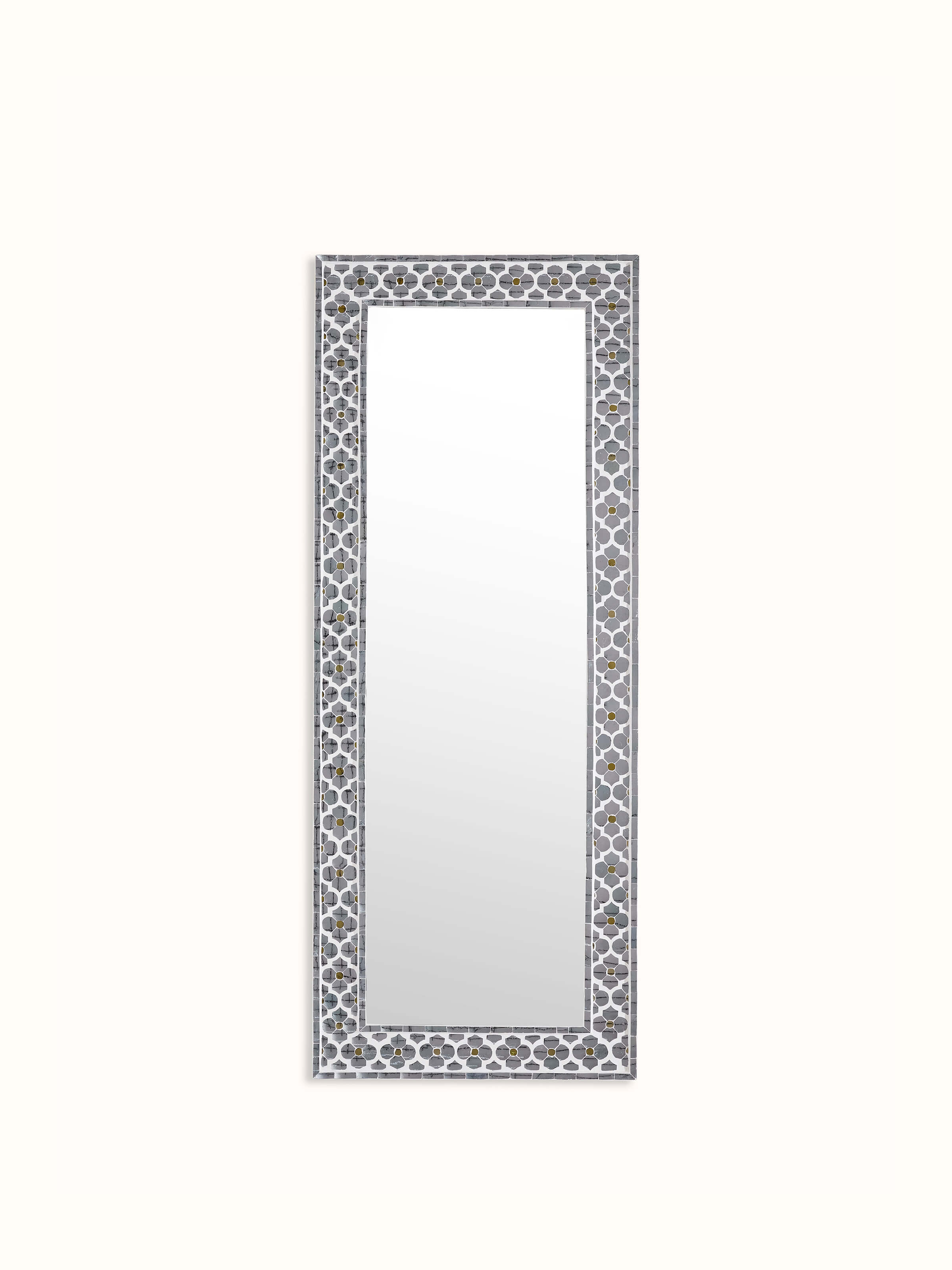 Front view of the glass floral inlay rectangular full-length mirror, showcasing its elegant floral design and reflective surface