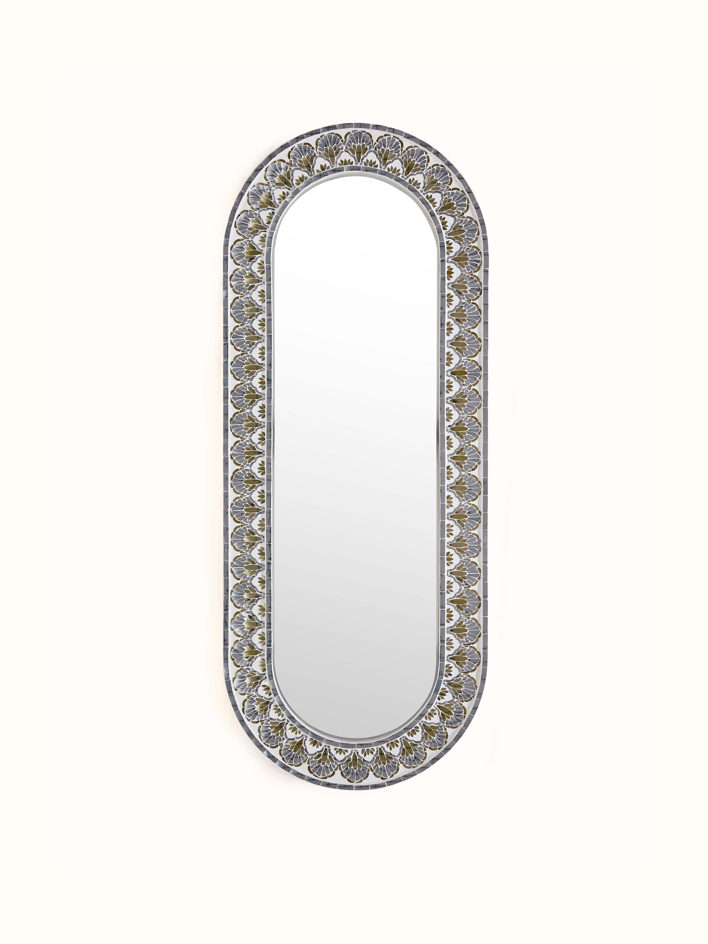 Front view of glass floral inlay oval full-length mirror, showcasing intricate floral design and elegant oval shape.