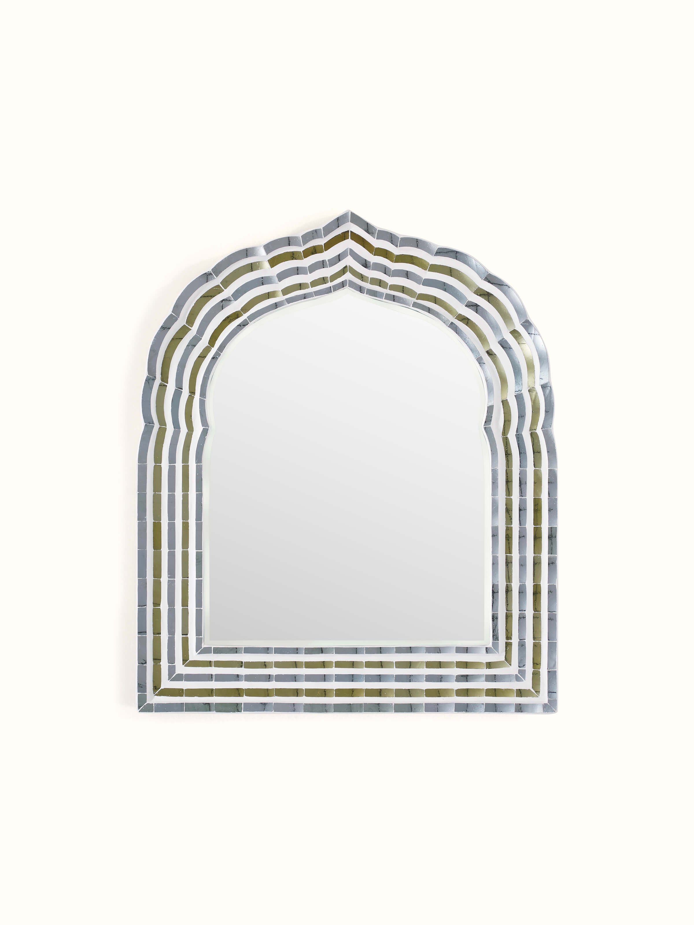 Front view of Swadesh Glass Floral Inlay Arch Wall Mirror highlighting intricate glass inlay work and elegant arch design