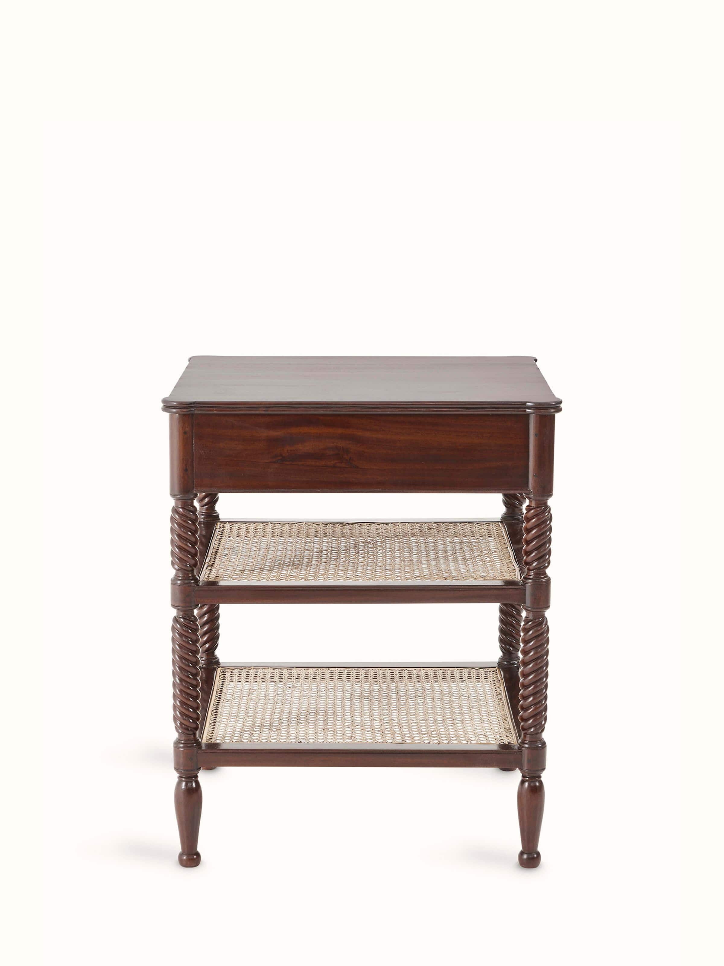 Top-down view of the mahogany wood and cane bedside table, featuring the elegant design and craftsmanship of the woodwork.