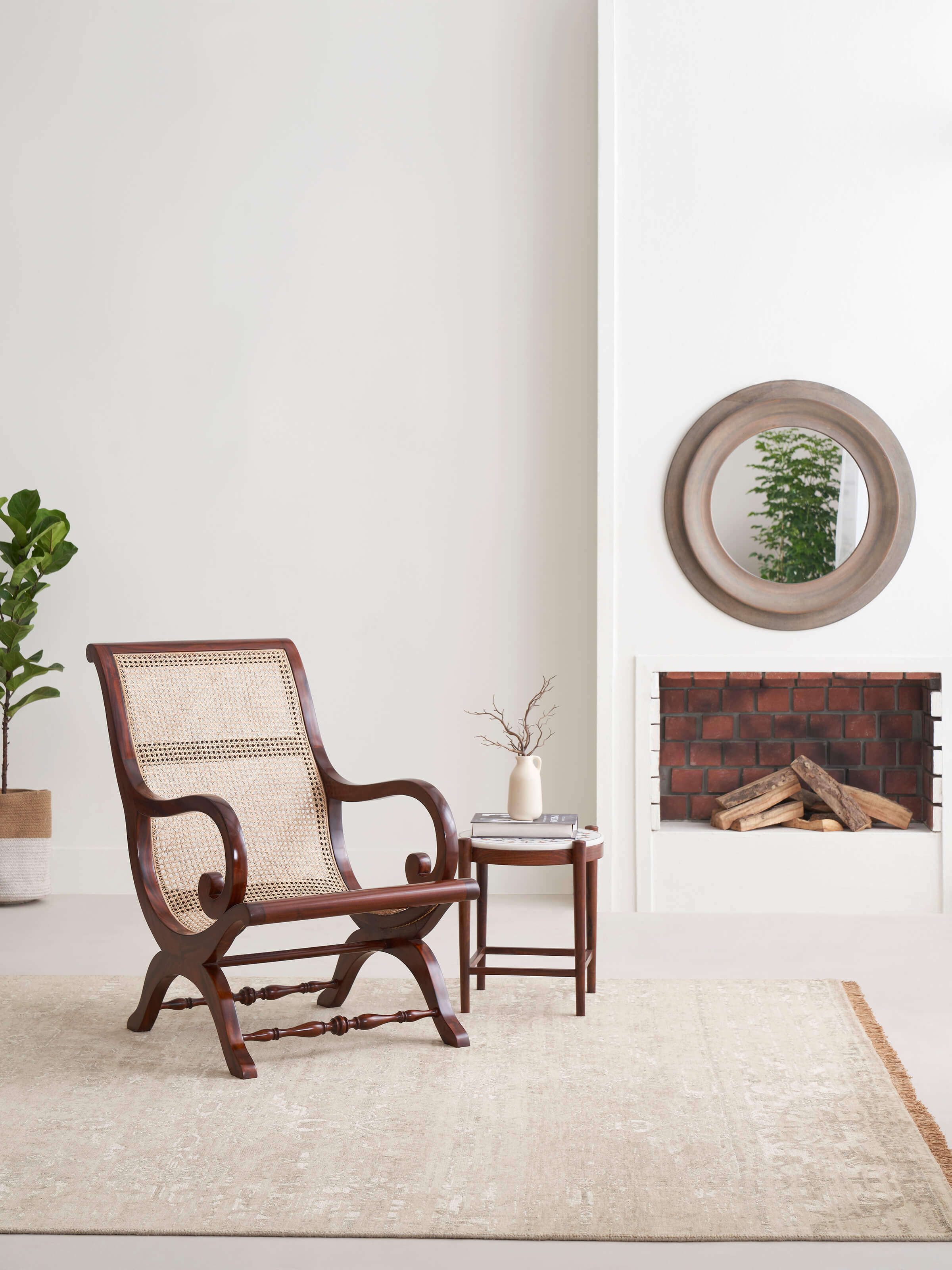 Side view of Mahogany wood & cane wing chair, highlighting the elegant cane work and smooth wood finish