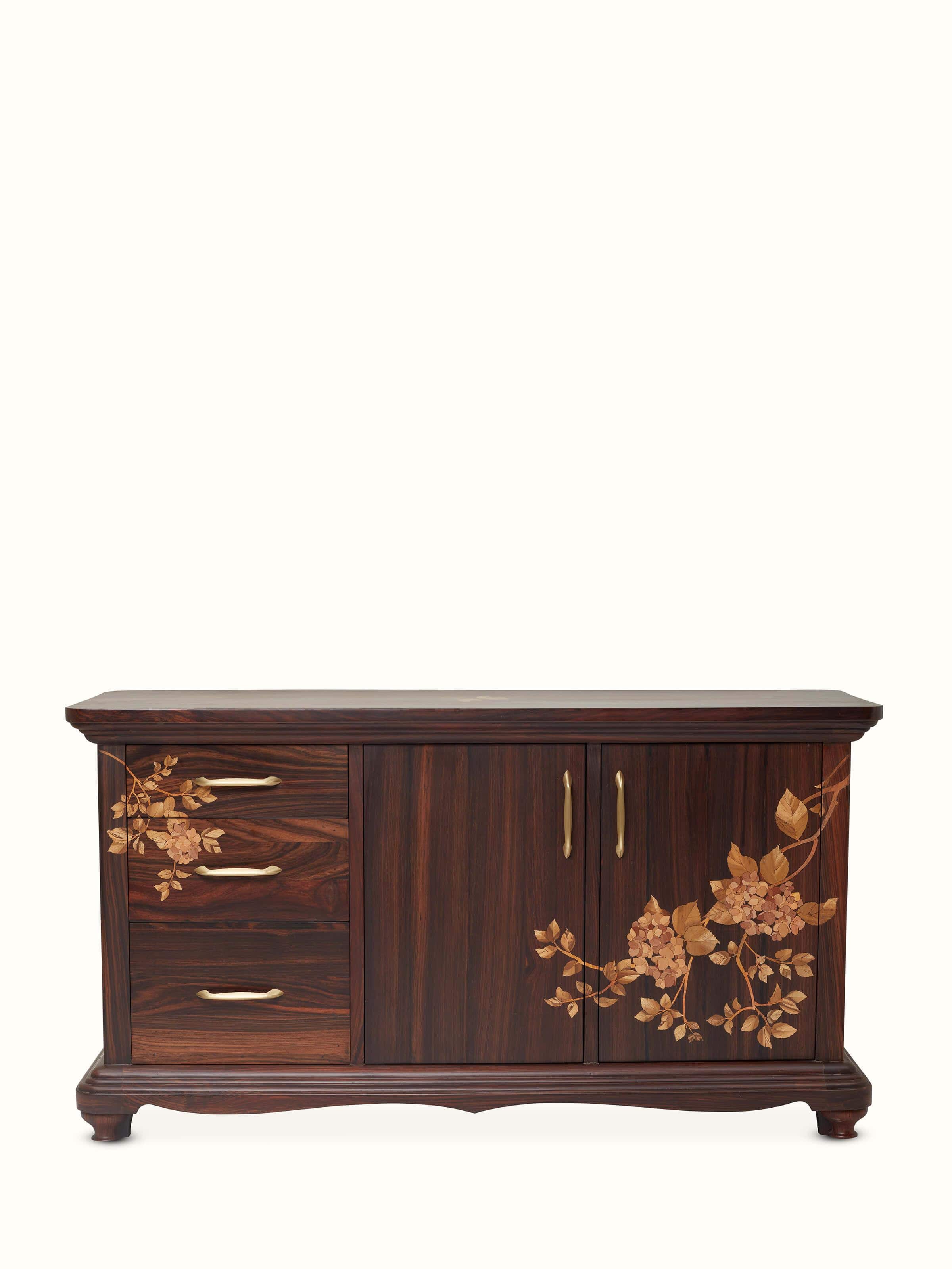 Front view of Mysore Rosewood Inlay Sideboard (3-Drawers), showcasing intricate rosewood inlay and spacious storage.