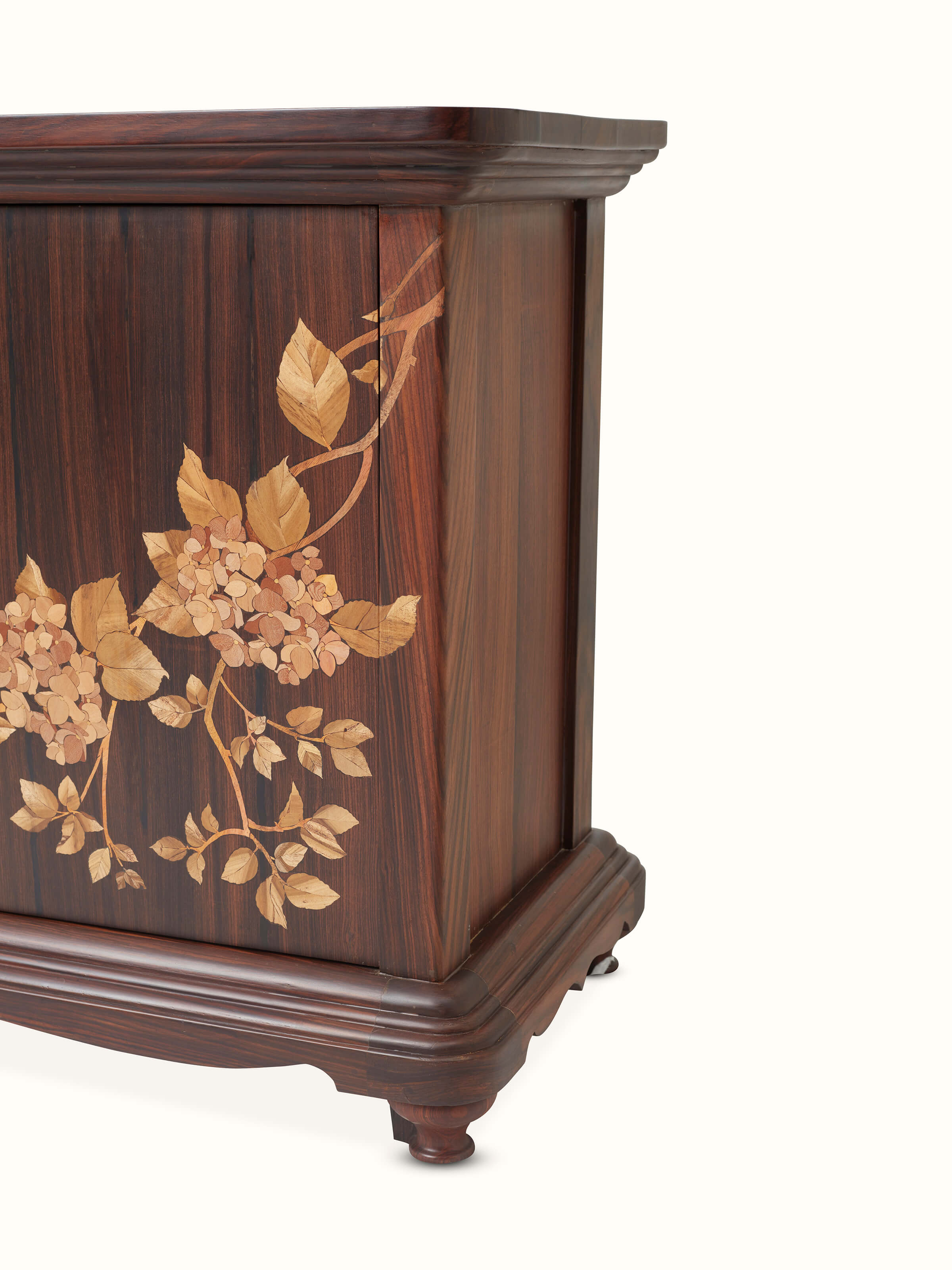 Detailed view of Mysore Rosewood Inlay Sideboard (3-Drawers), emphasizing the exquisite wood finish and craftsmanship.