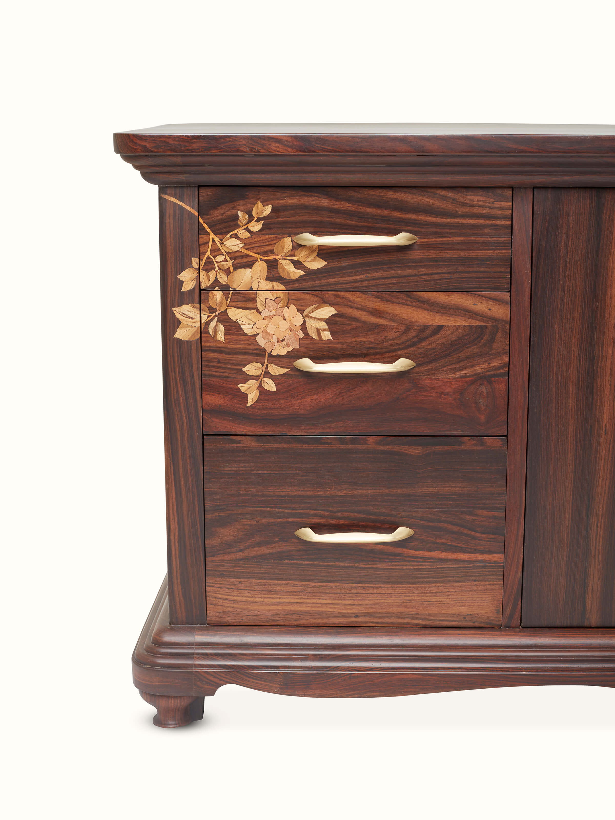 Angled view of Mysore Rosewood Inlay Sideboard (3-Drawers), showcasing the elegant design and functional drawers.